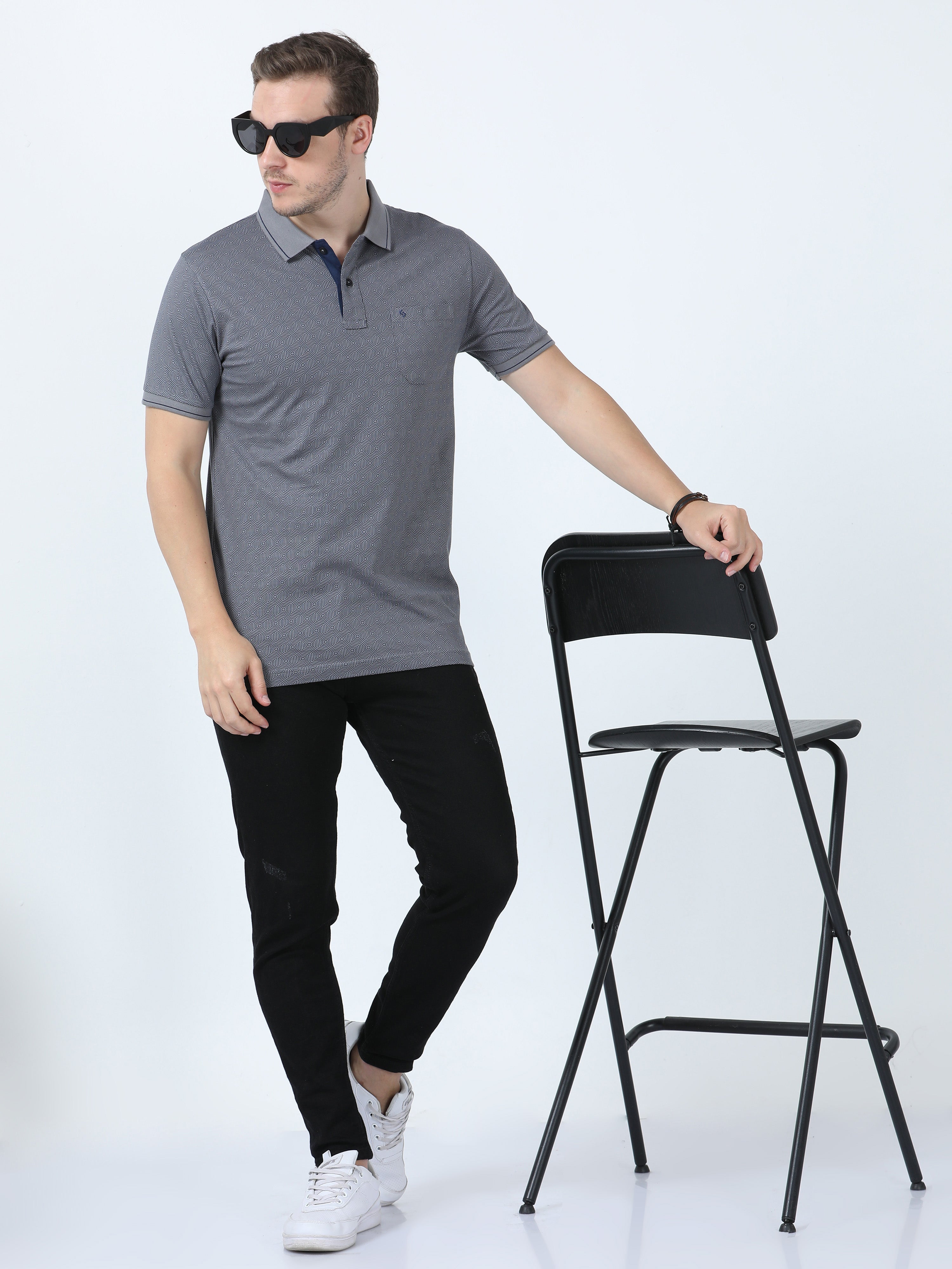 Classic Polo Men's Printed Grey Cotton Half Sleeve T-Shirt | BELLO - 262 B SF P
