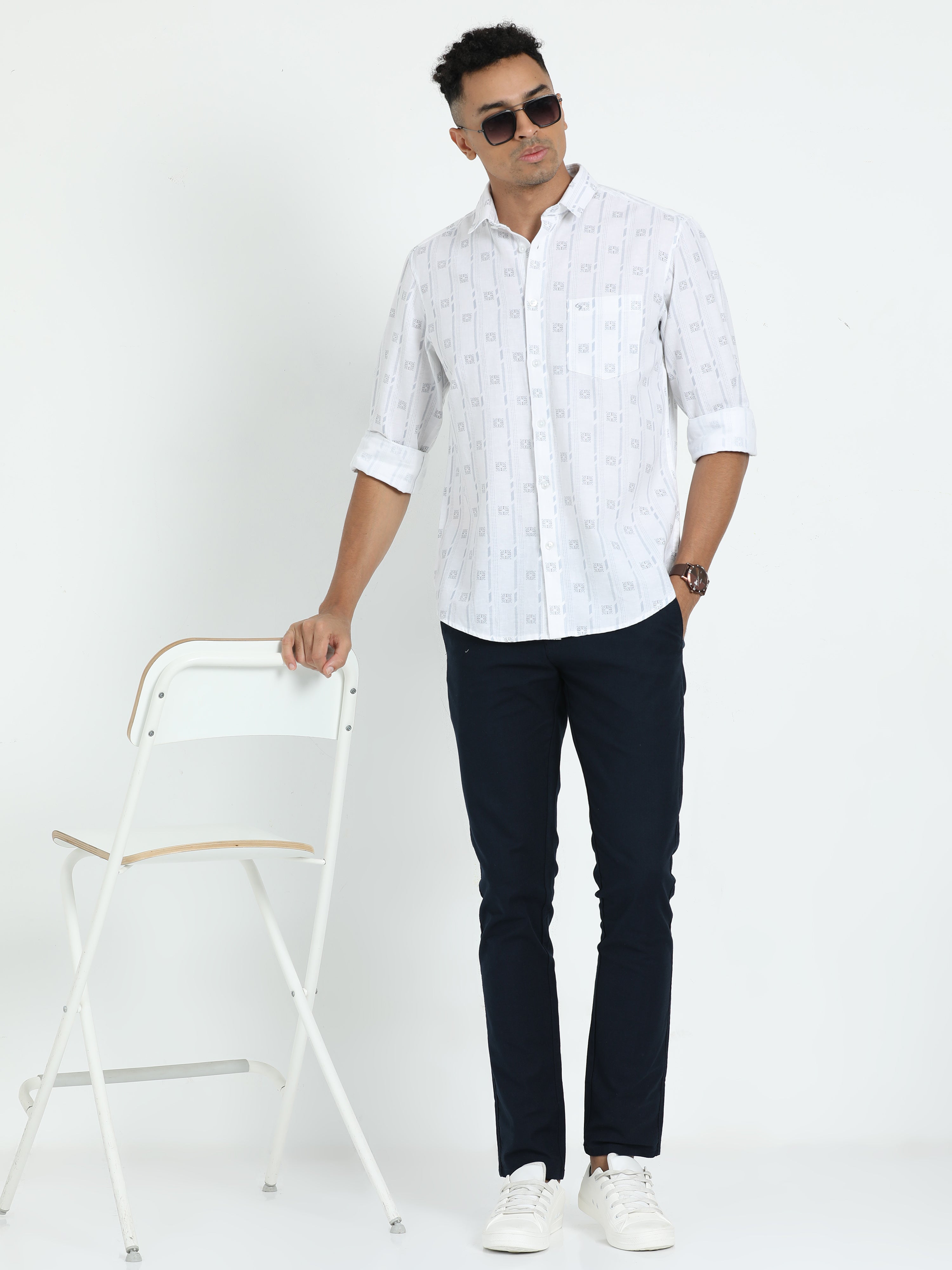 Classic Polo Men's Printed White Cotton Linen Full Sleeve Woven Shirt | LINEN - 44 A-FS-PRT-SF
