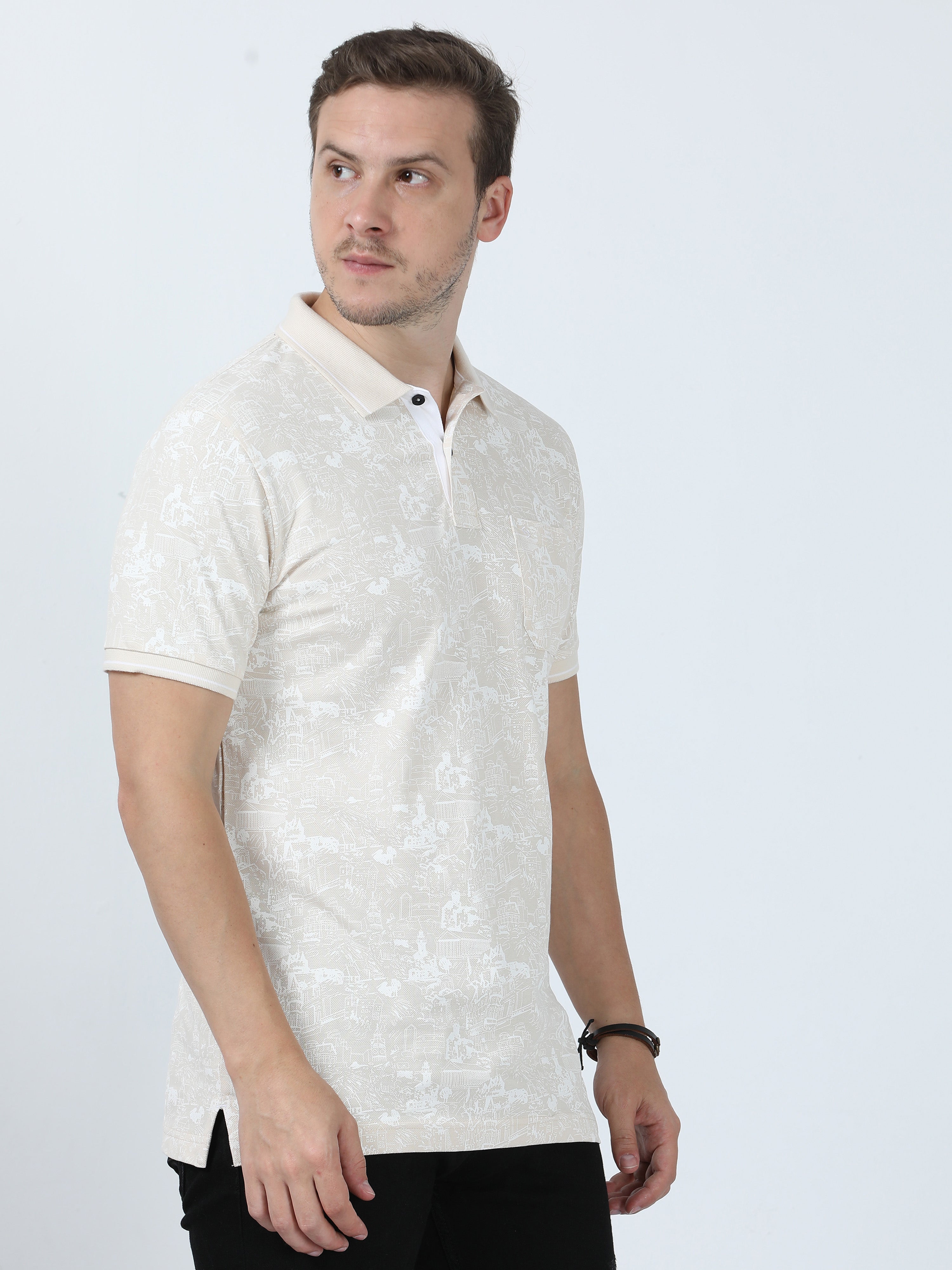 Classic Polo Men's Printed Beige Cotton Half Sleeve T-Shirt | BEAU - 246 A SF P