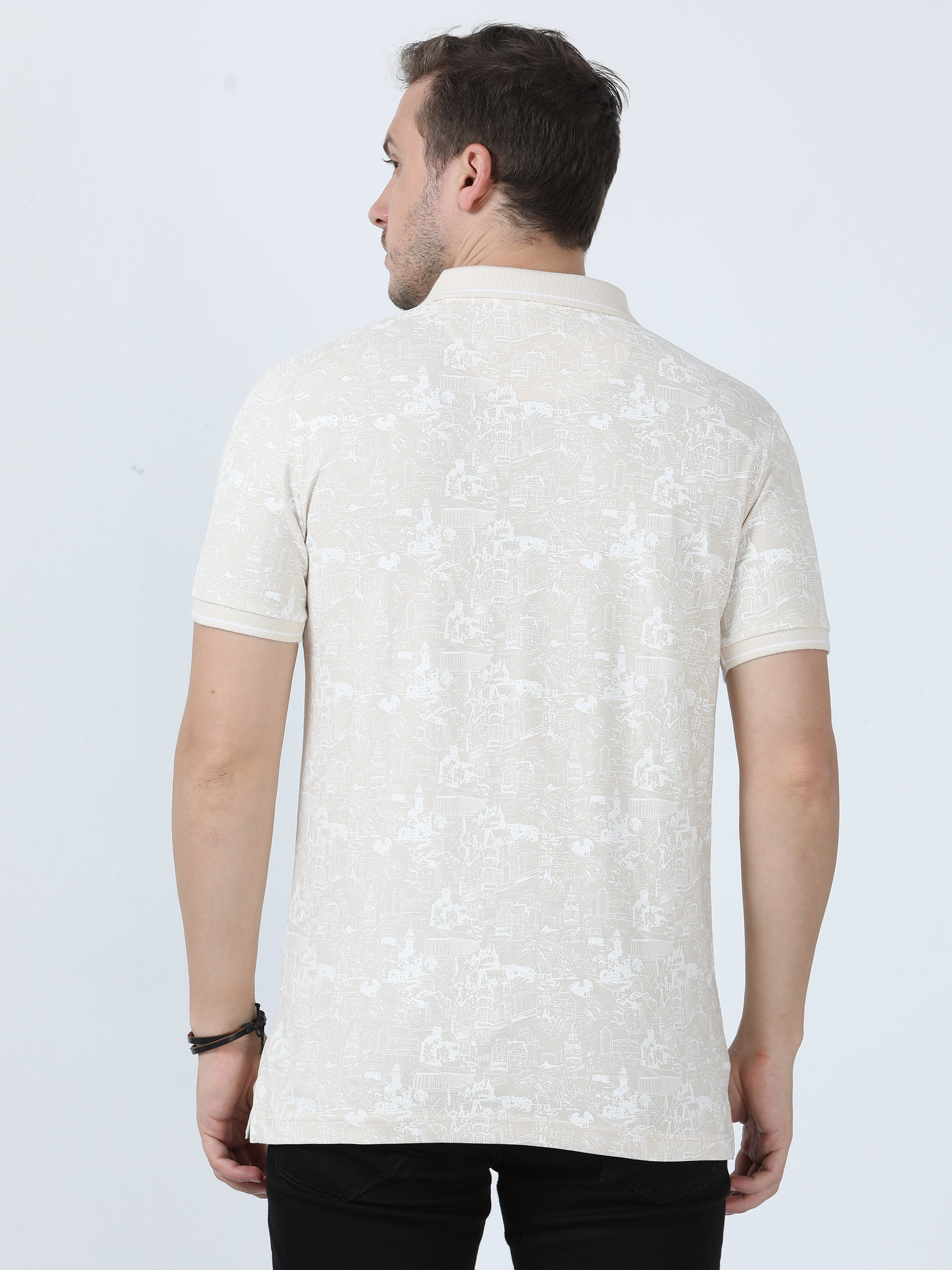 Classic Polo Men's Printed Beige Cotton Half Sleeve T-Shirt | BEAU - 246 A SF P