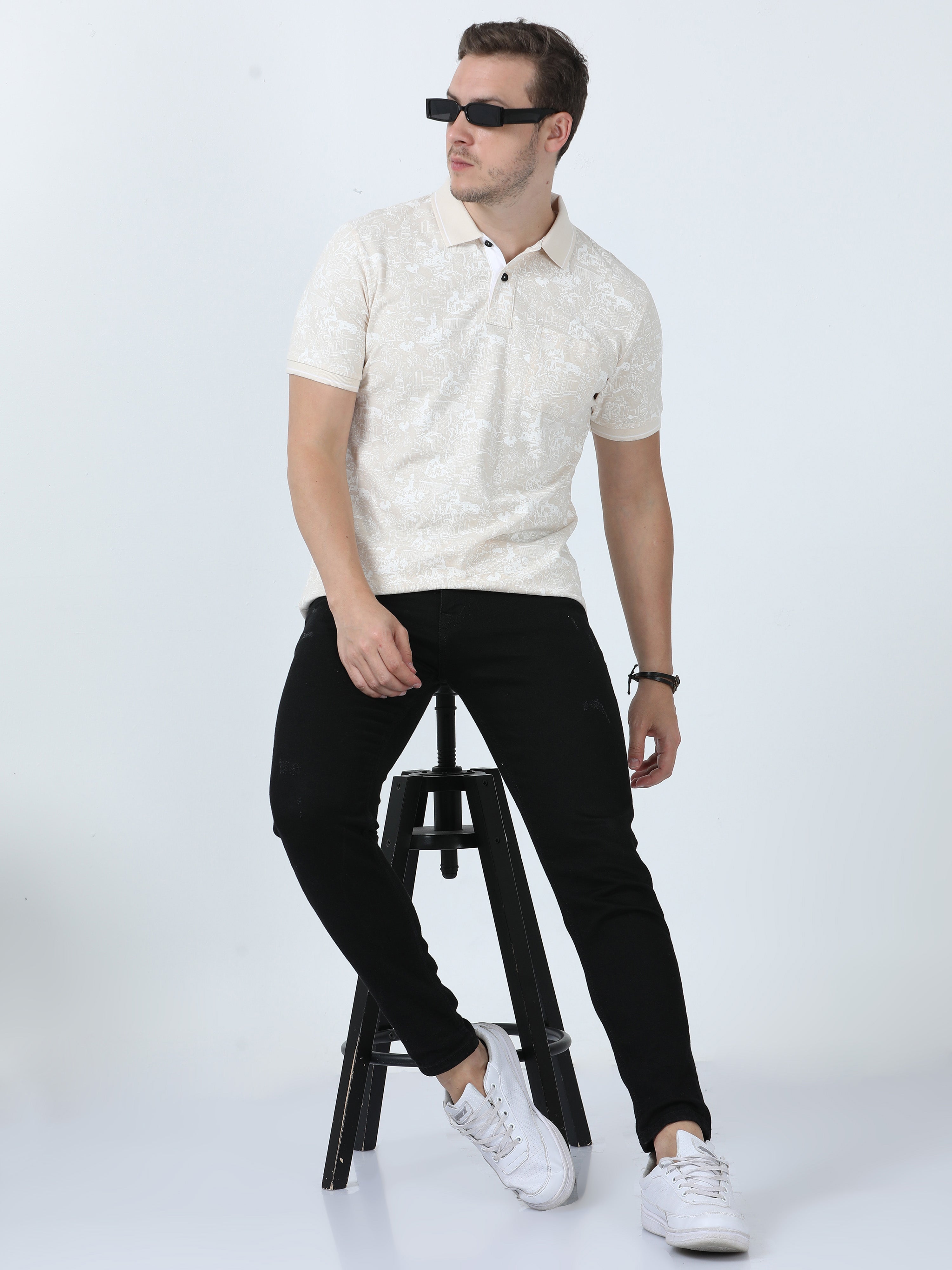 Classic Polo Men's Printed Beige Cotton Half Sleeve T-Shirt | BEAU - 246 A SF P