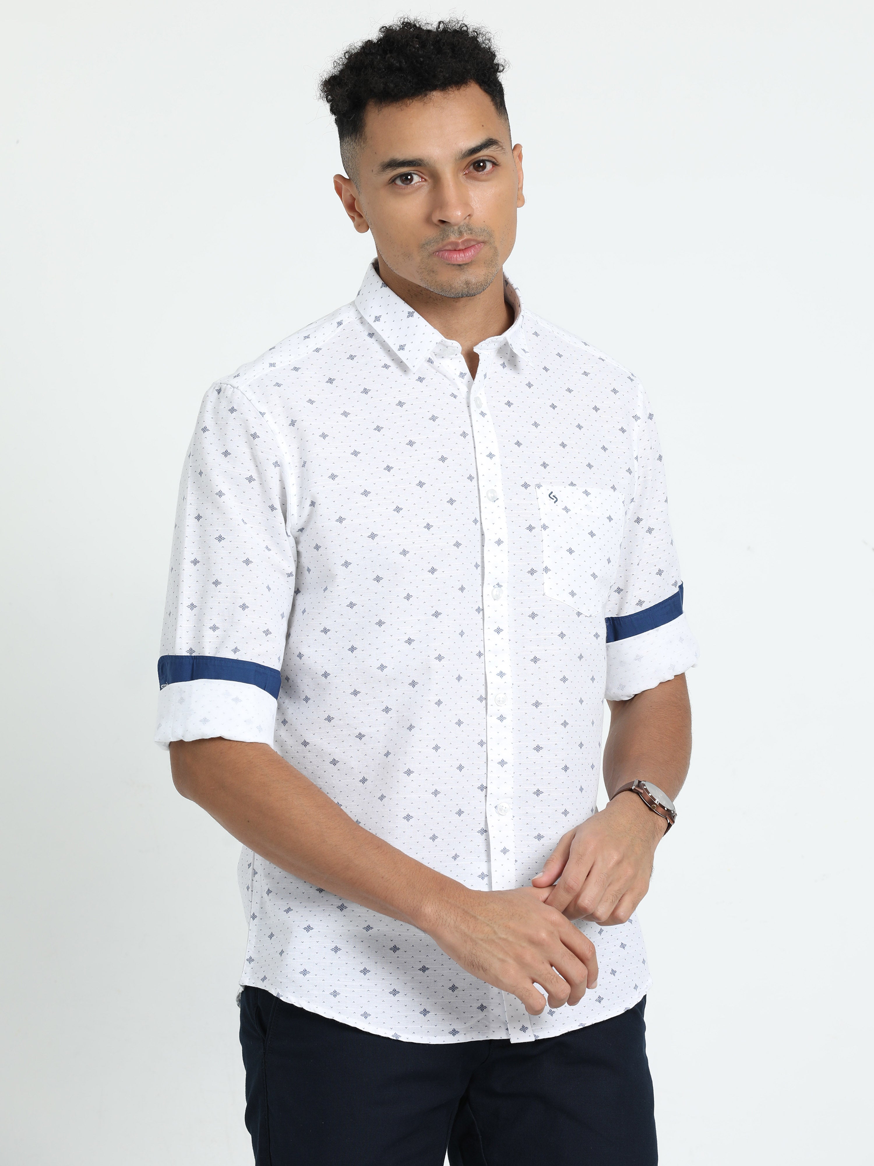 Classic Polo Men's Printed White Cotton Full Sleeve Woven Shirt | SO2-141 A-FS-PRT-SF