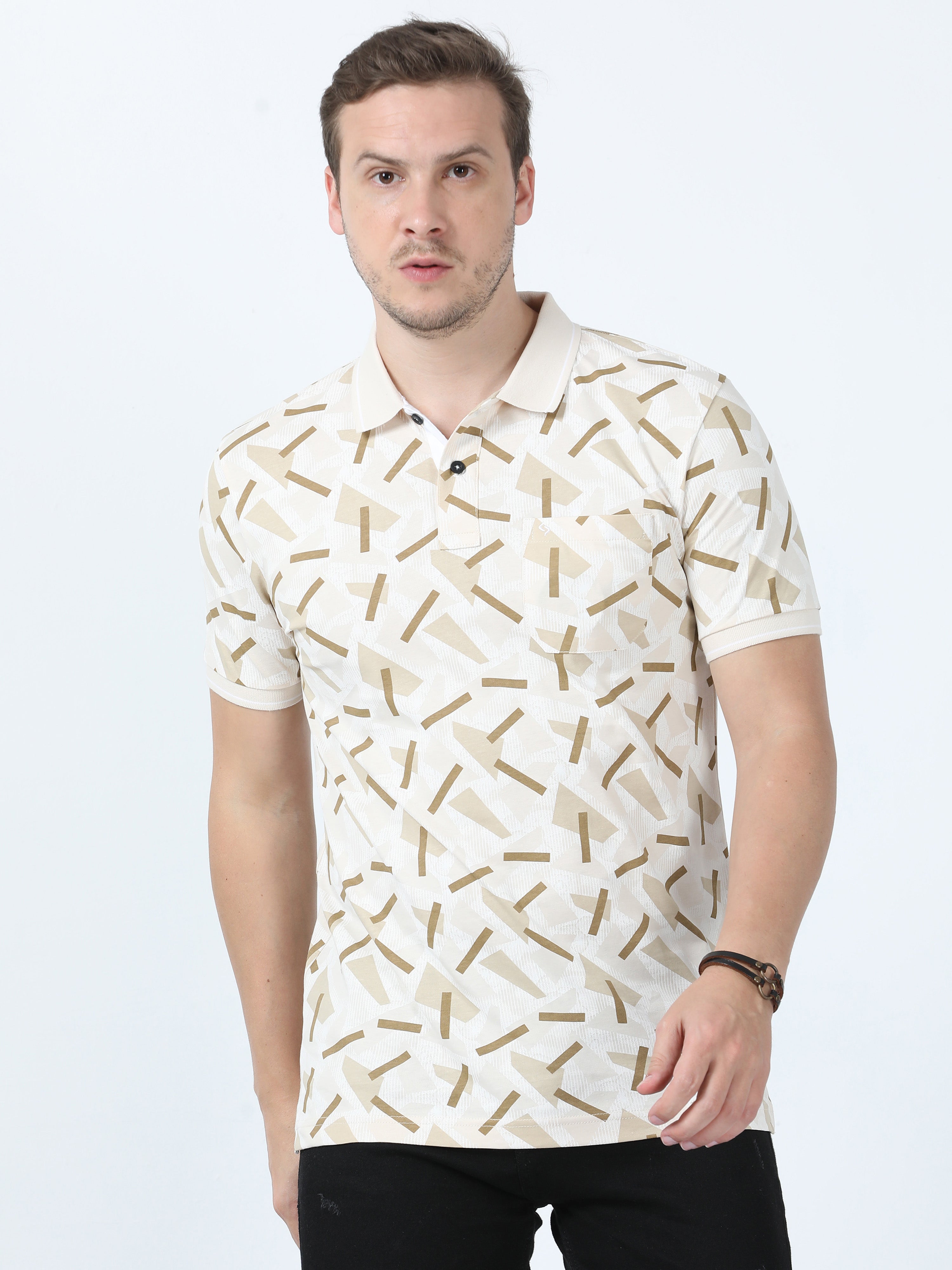 Classic Polo Men's Printed Beige Cotton Half Sleeve T-Shirt | BELLO - 265 A SF P