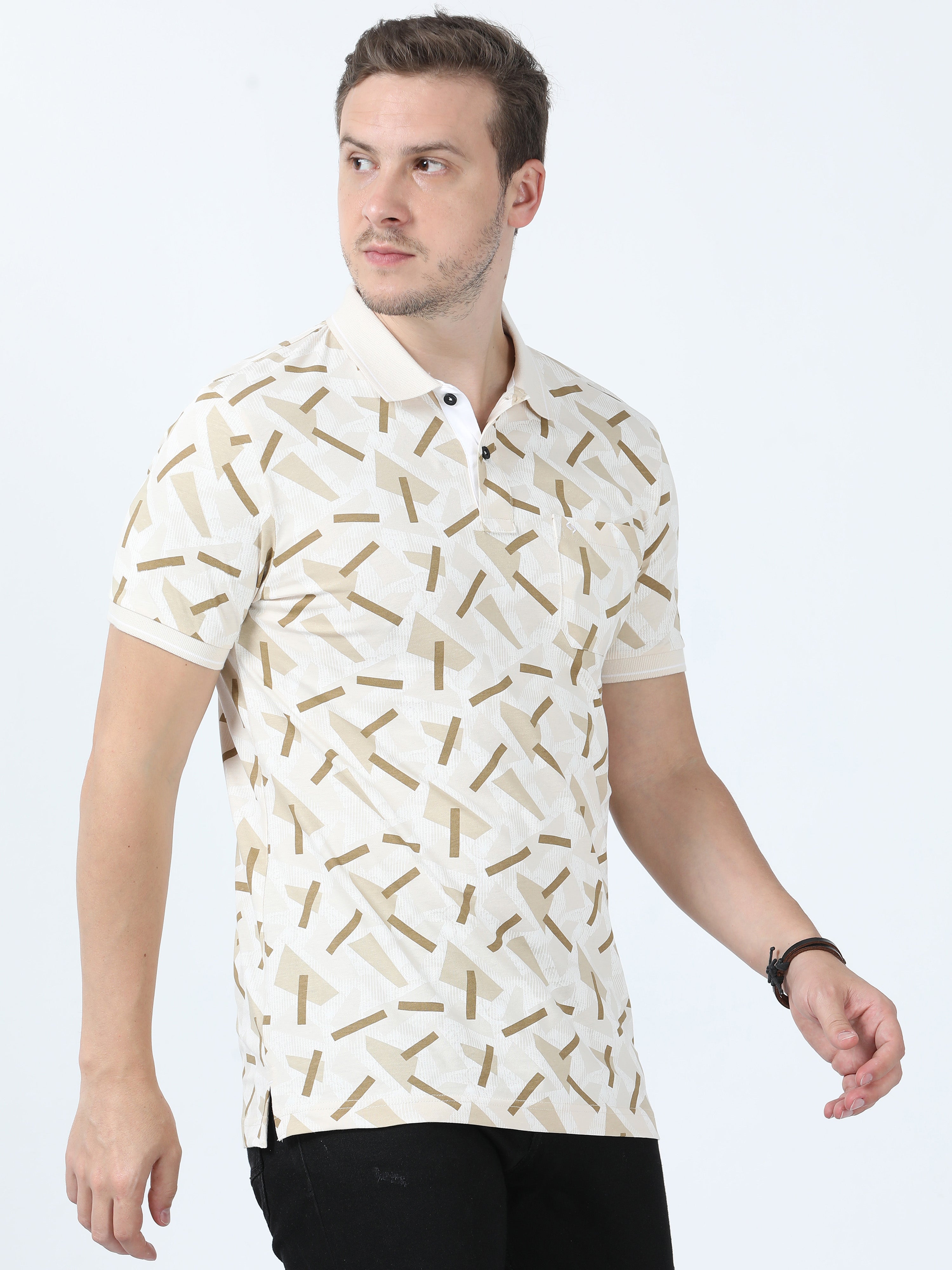 Classic Polo Men's Printed Beige Cotton Half Sleeve T-Shirt | BELLO - 265 A SF P