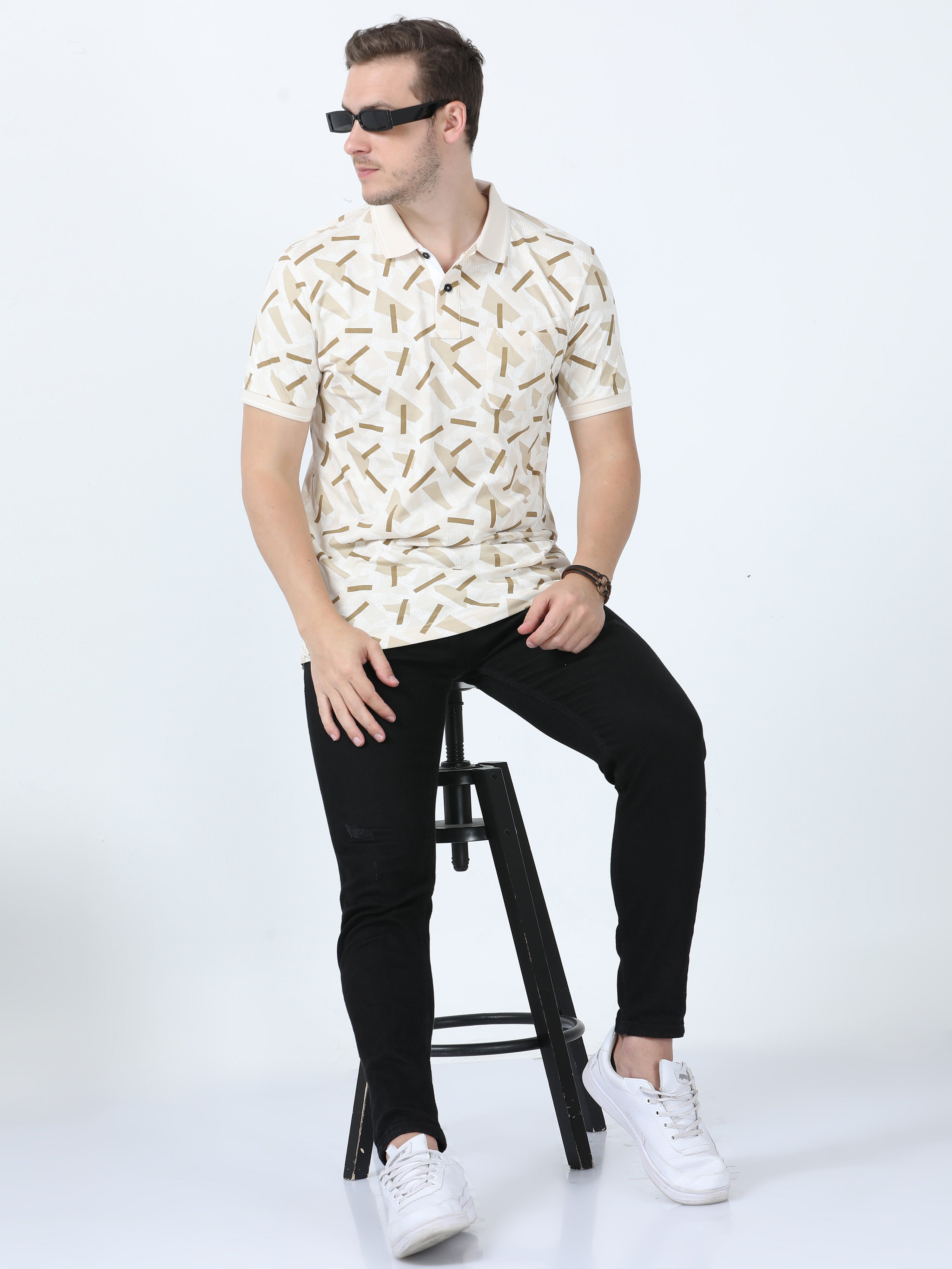 Classic Polo Men's Printed Beige Cotton Half Sleeve T-Shirt | BELLO - 265 A SF P