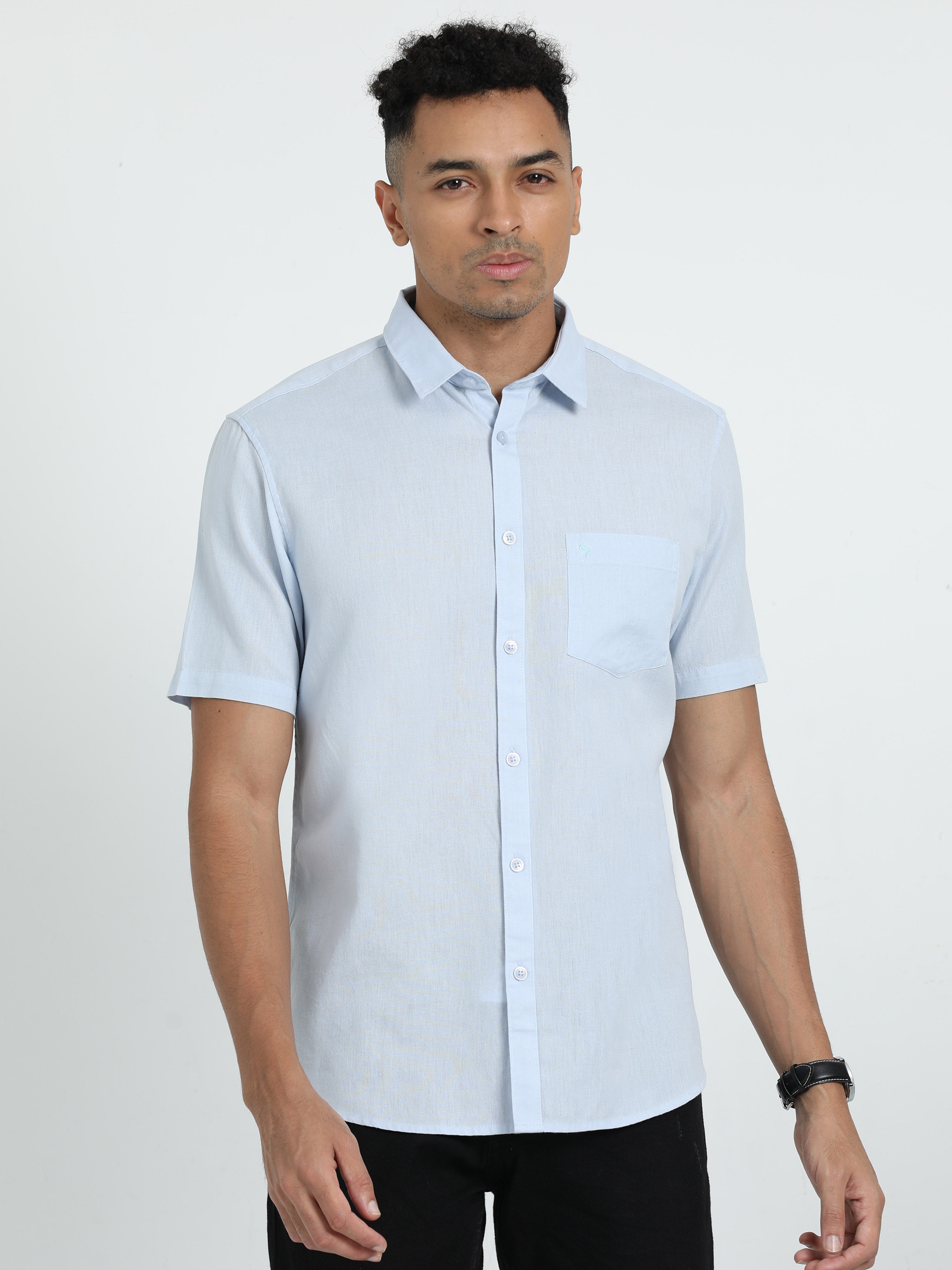 Classic Polo Men's Solid Sky Cotton Linen Half Sleeve Woven Shirt | DAMASK-SKY SF HS
