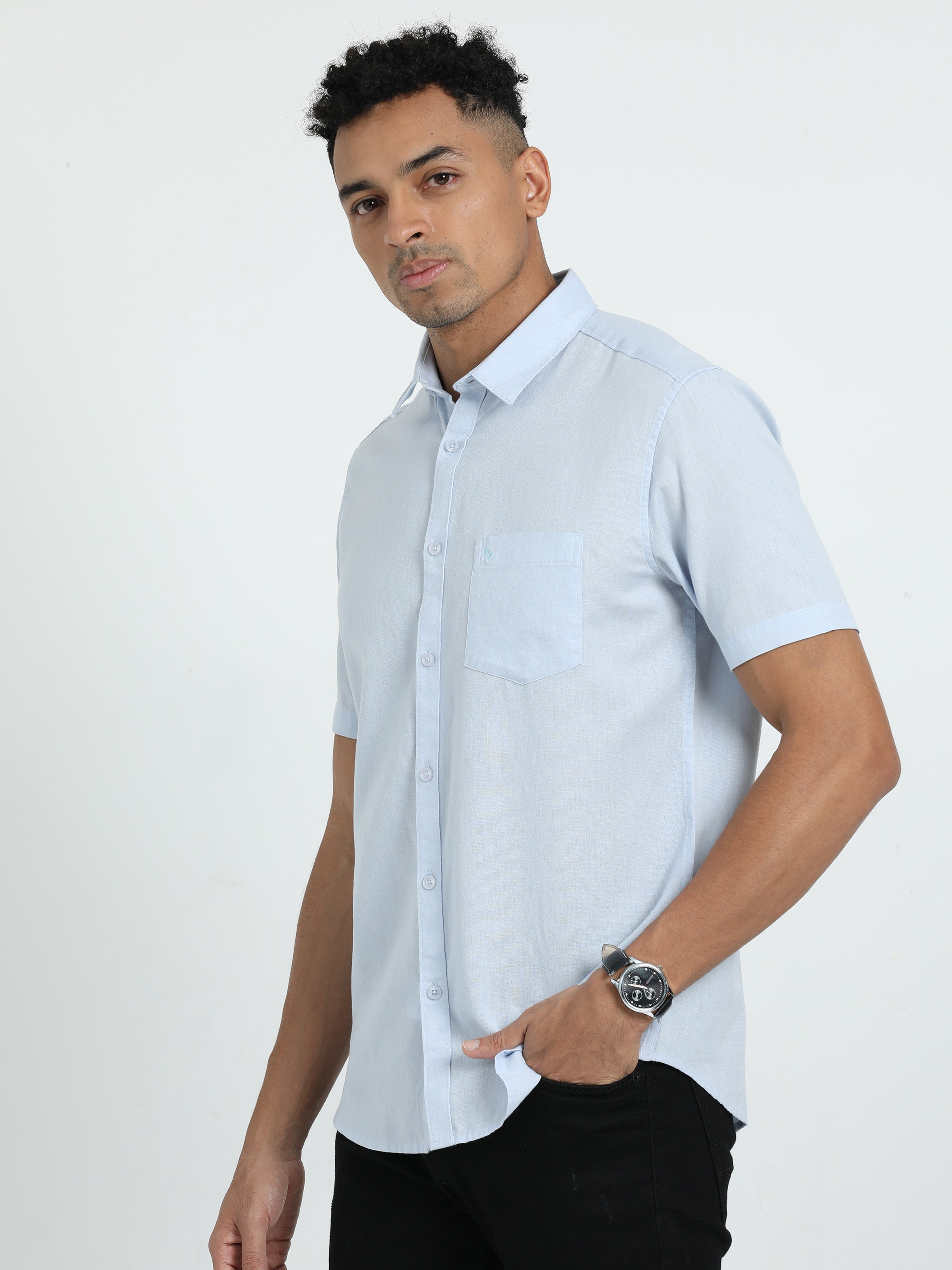 Classic Polo Men's Solid Sky Cotton Linen Half Sleeve Woven Shirt | DAMASK-SKY SF HS