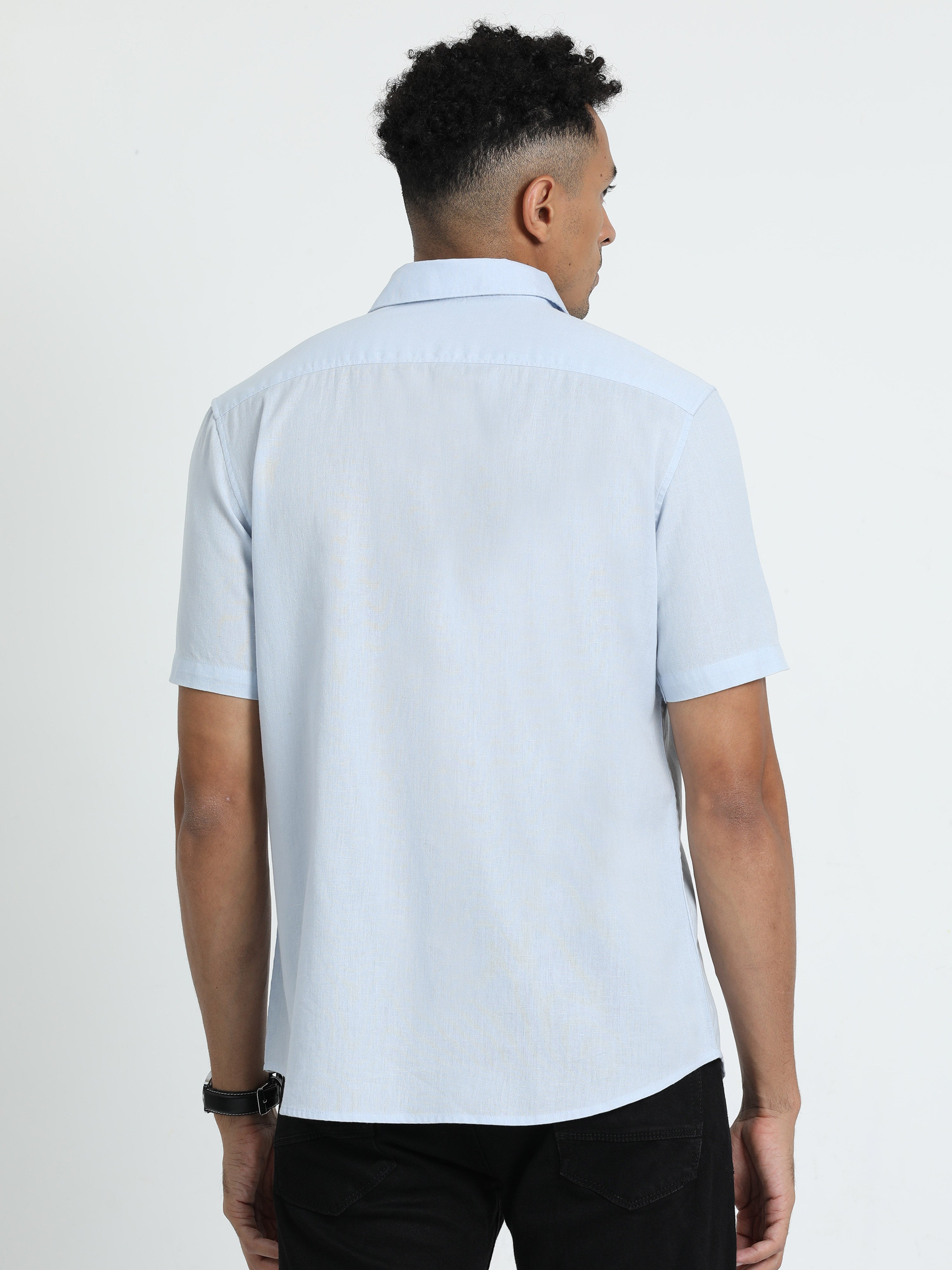 Classic Polo Men's Solid Sky Cotton Linen Half Sleeve Woven Shirt | DAMASK-SKY SF HS