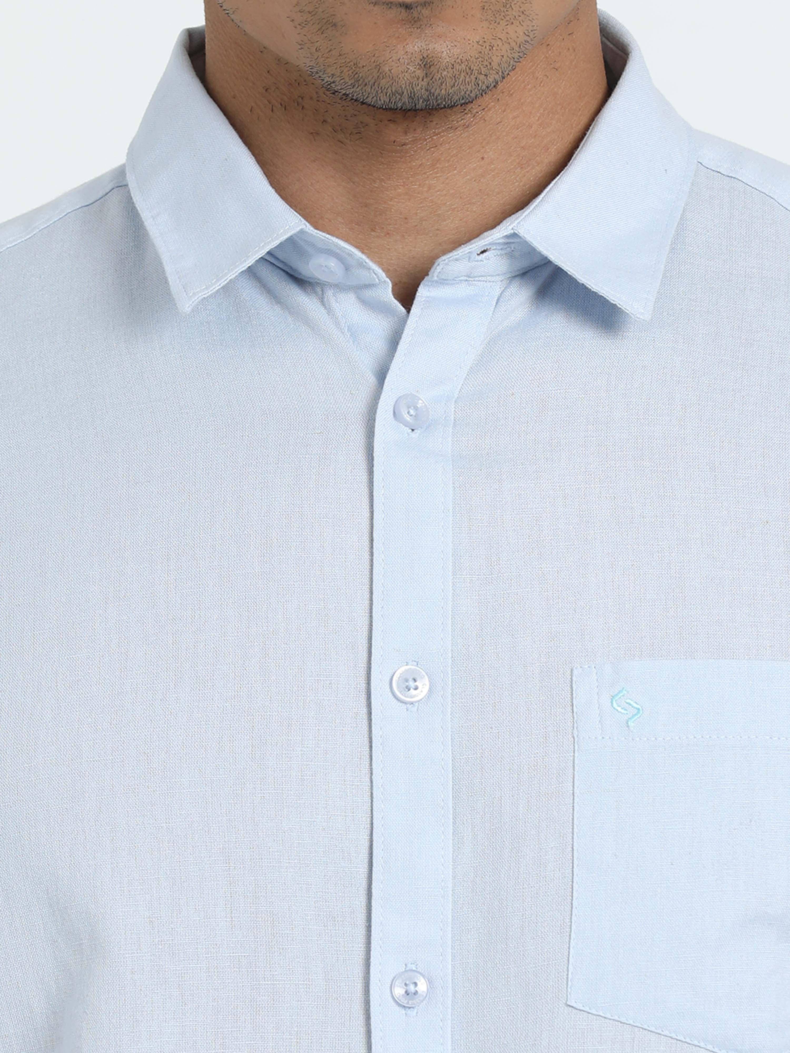 Classic Polo Men's Solid Sky Cotton Linen Half Sleeve Woven Shirt | DAMASK-SKY SF HS