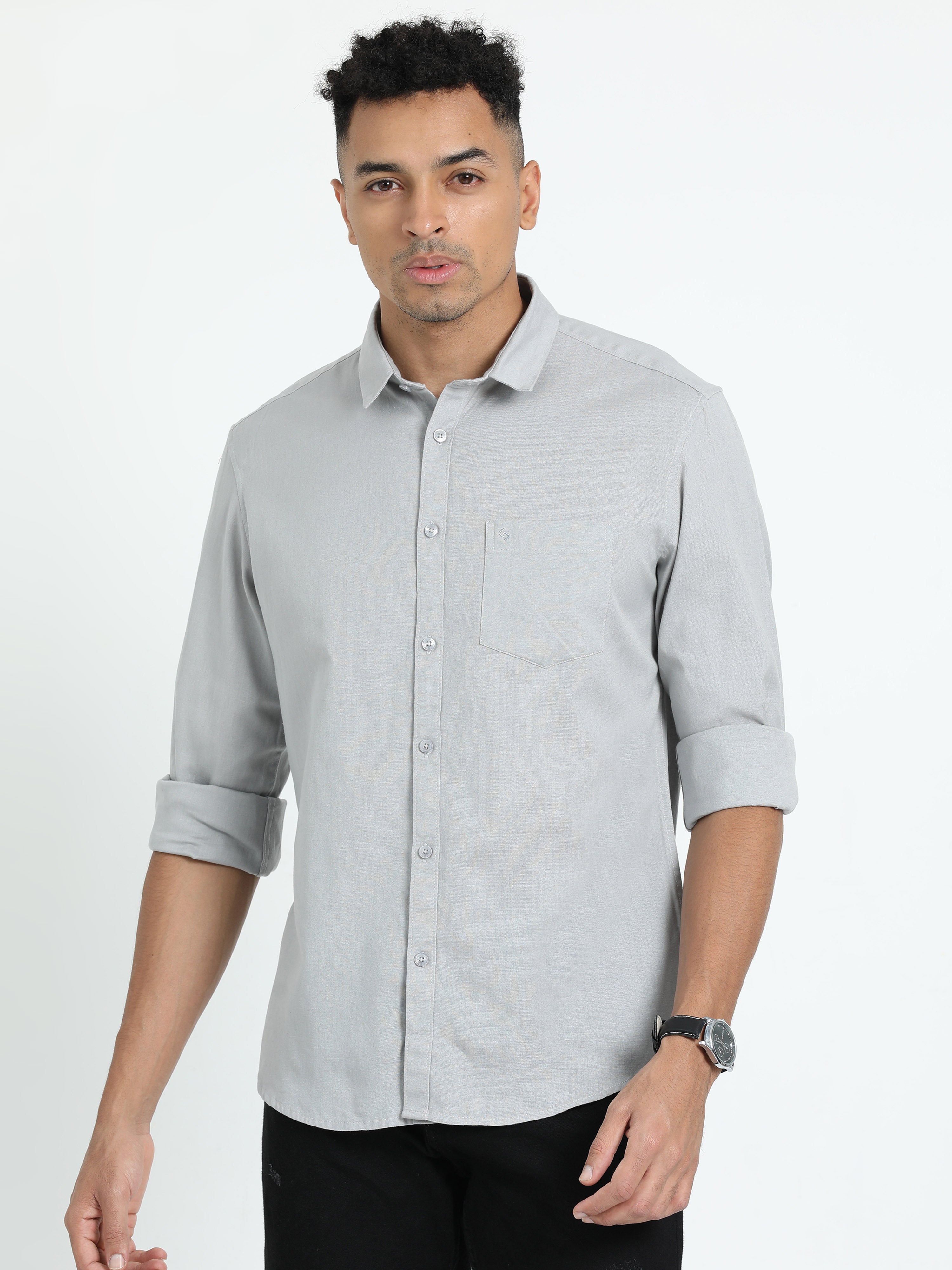 Classic Polo Men's Solid Grey Cotton Linen Full Sleeve Woven Shirt | DAMASK-GREY SF FS