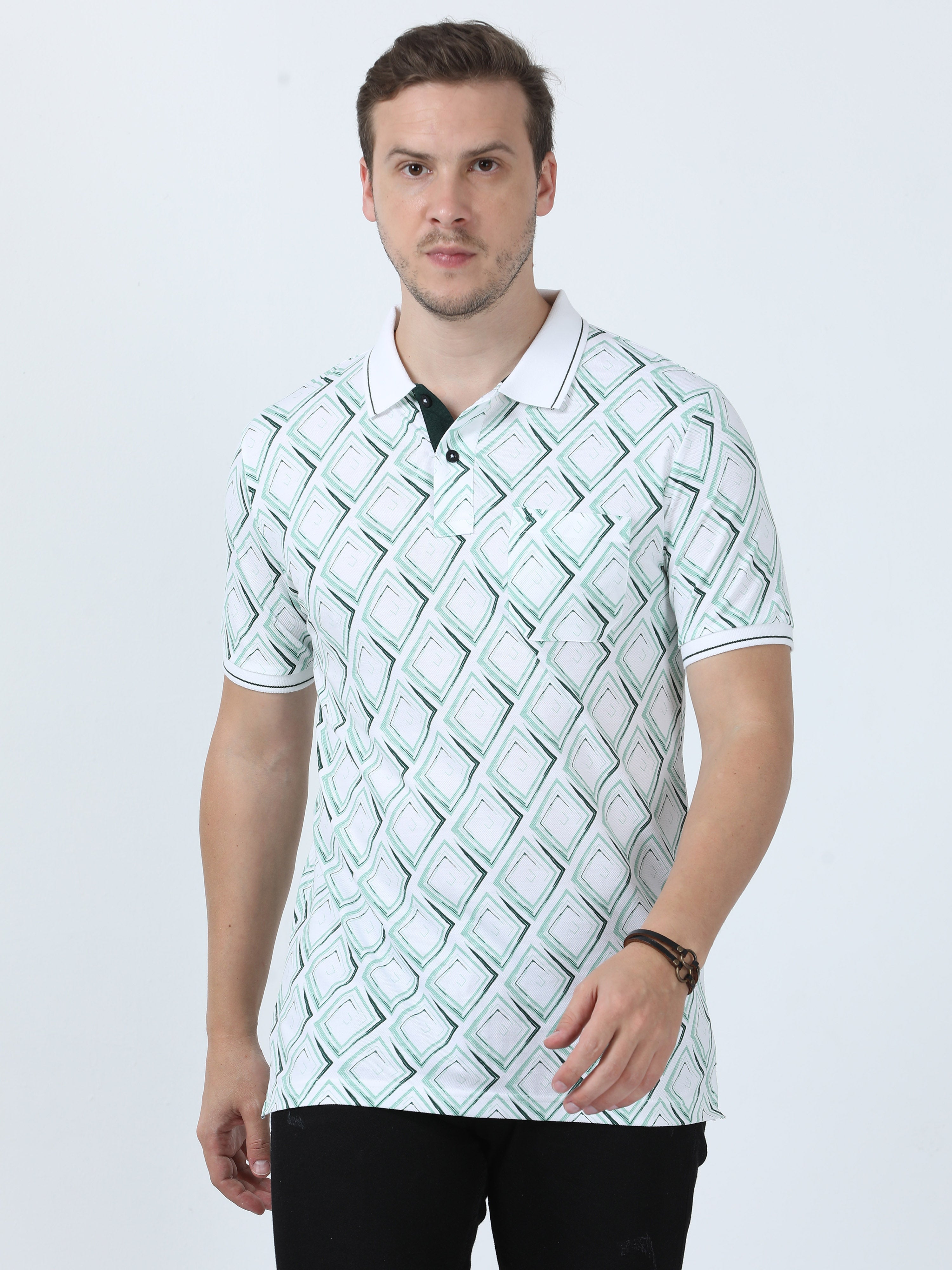 Classic Polo Men's Printed White/Green Cotton Half Sleeve T-Shirt | BEAU - 251 B SF P