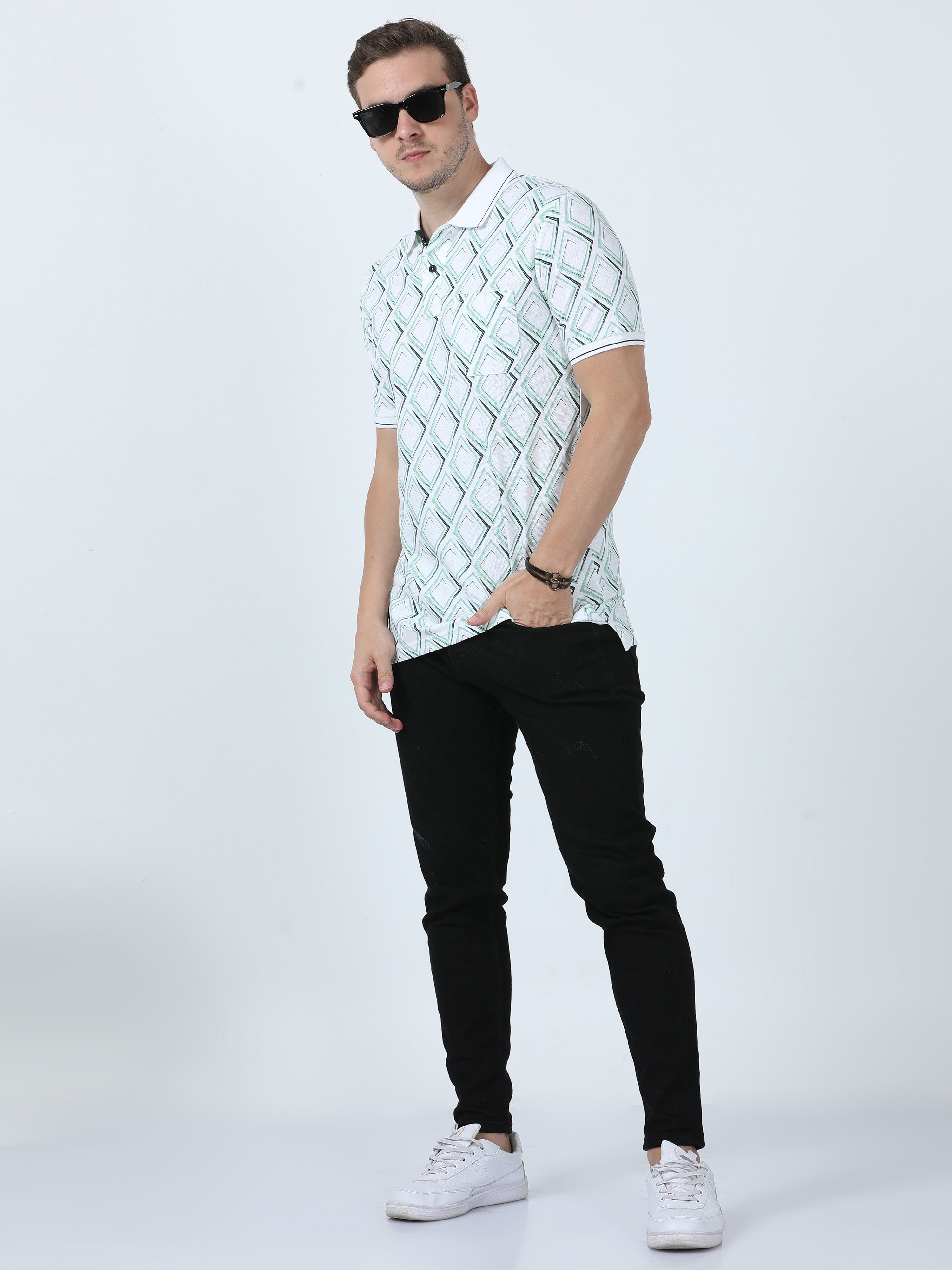 Classic Polo Men's Printed White/Green Cotton Half Sleeve T-Shirt | BEAU - 251 B SF P