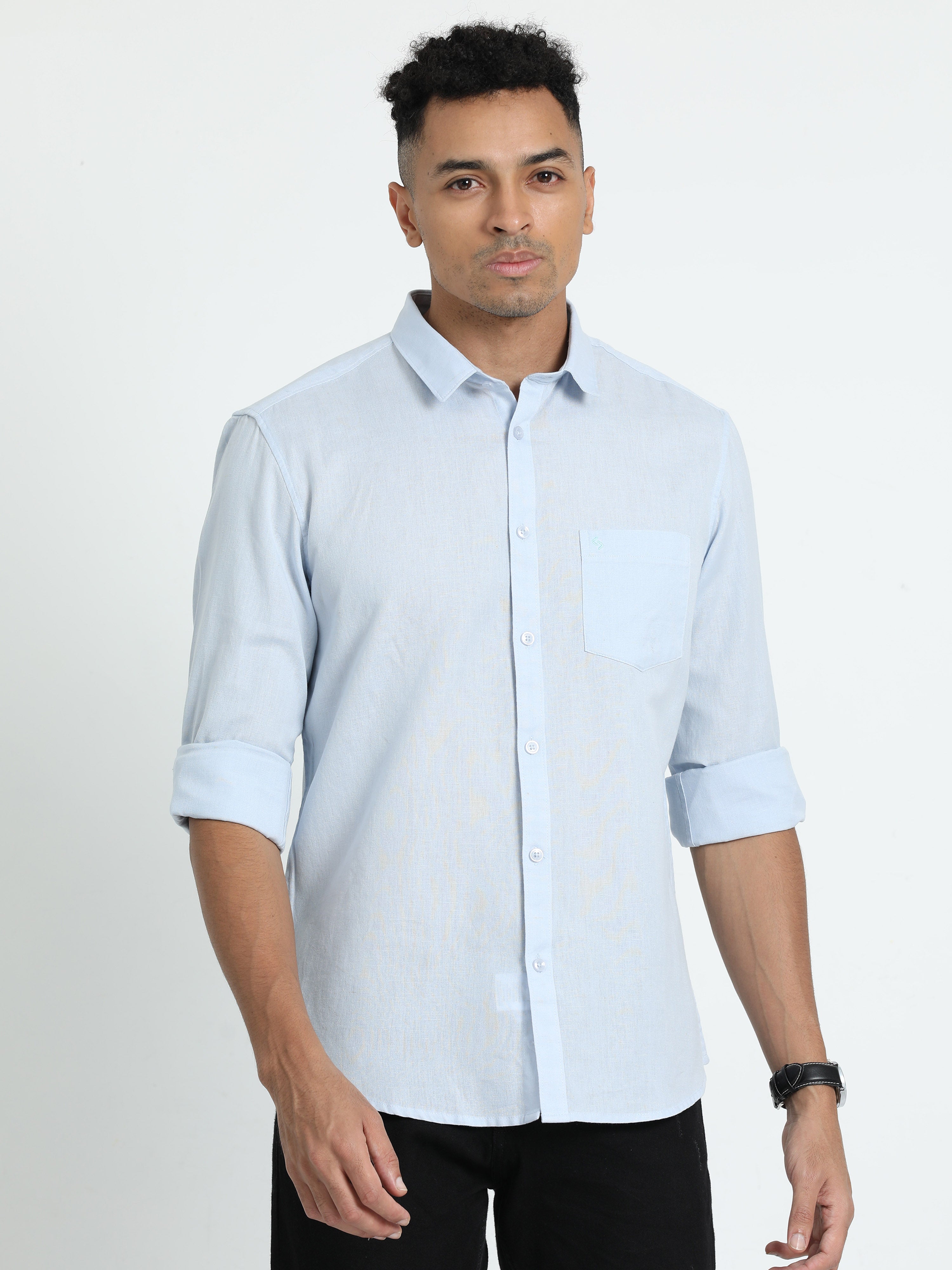 Classic Polo Men's Solid Sky Cotton Linen Full Sleeve Woven Shirt | DAMASK-SKY SF FS