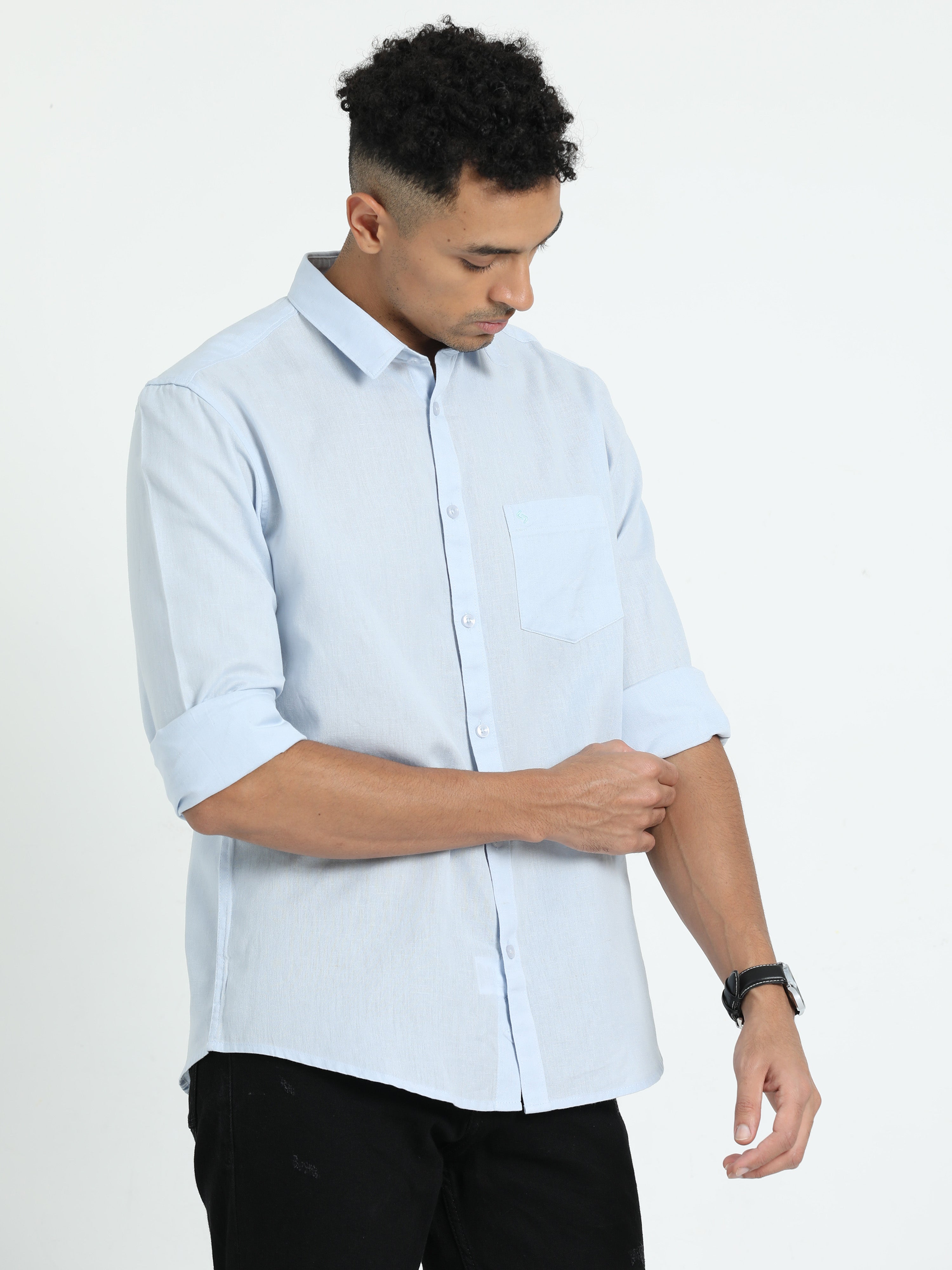 Classic Polo Men's Solid Sky Cotton Linen Full Sleeve Woven Shirt | DAMASK-SKY SF FS