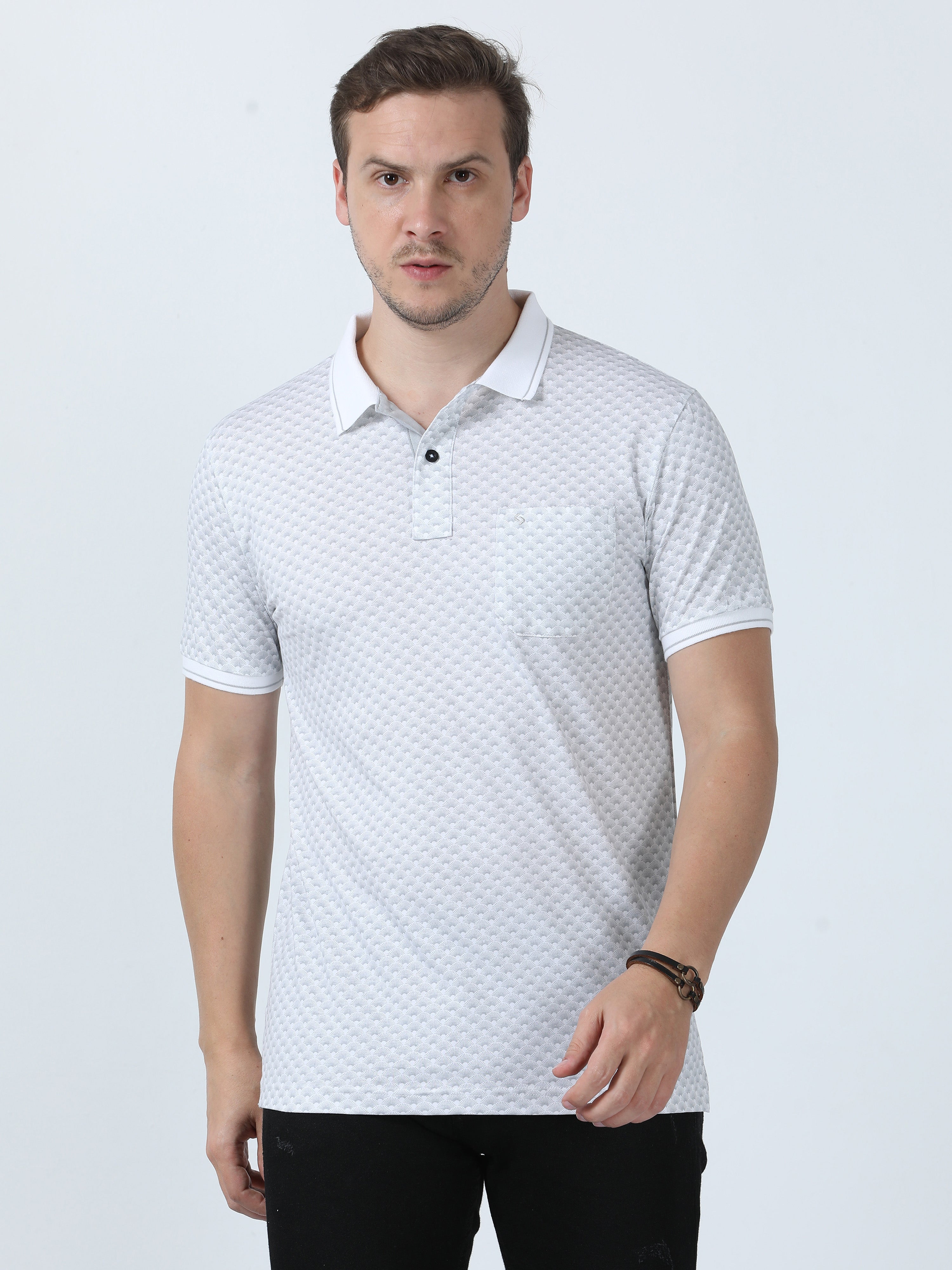 Classic Polo Men's Printed White/Grey Cotton Half Sleeve T-Shirt | BELLO - 270 B SF P