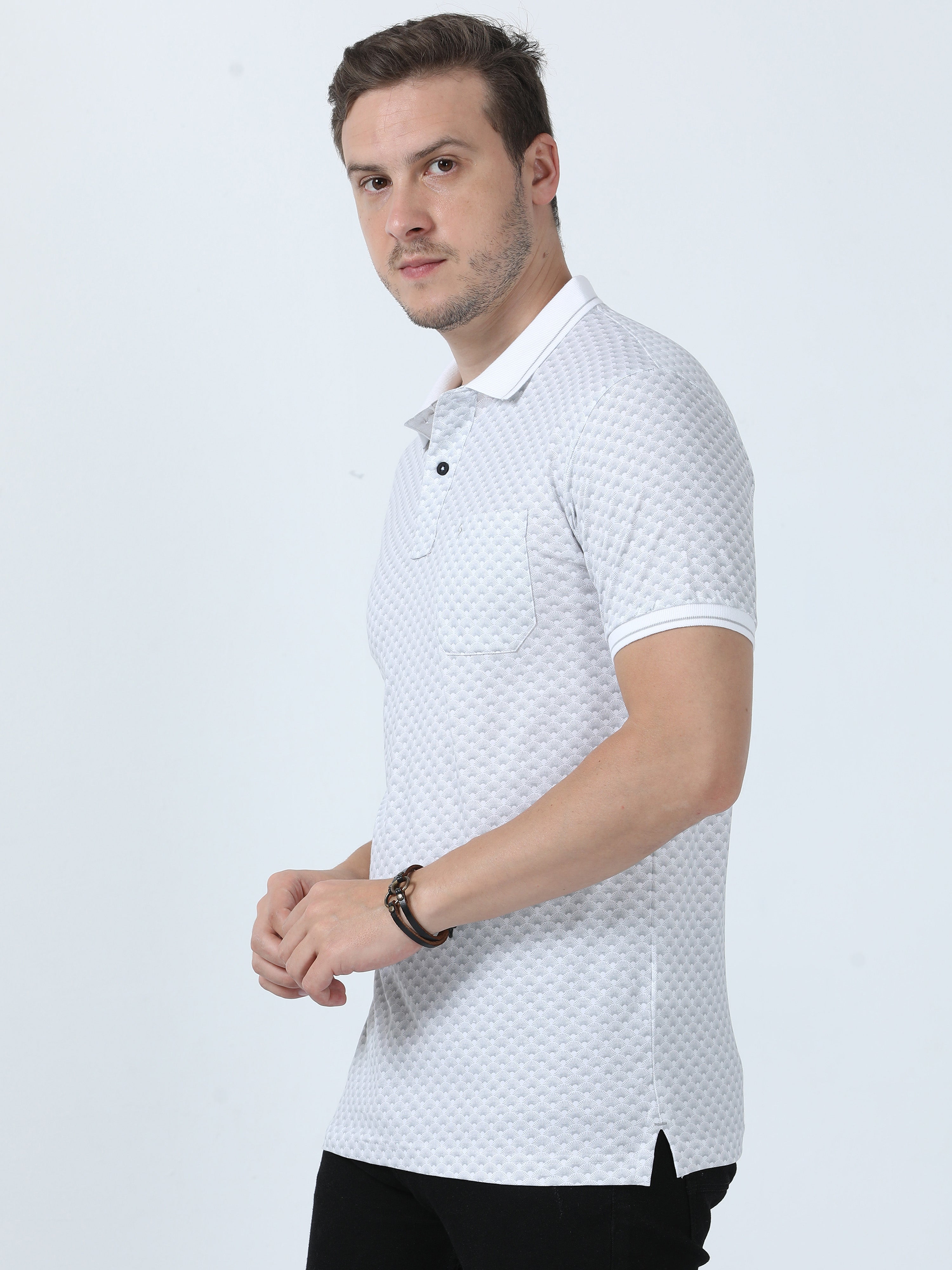 Classic Polo Men's Printed White/Grey Cotton Half Sleeve T-Shirt | BELLO - 270 B SF P