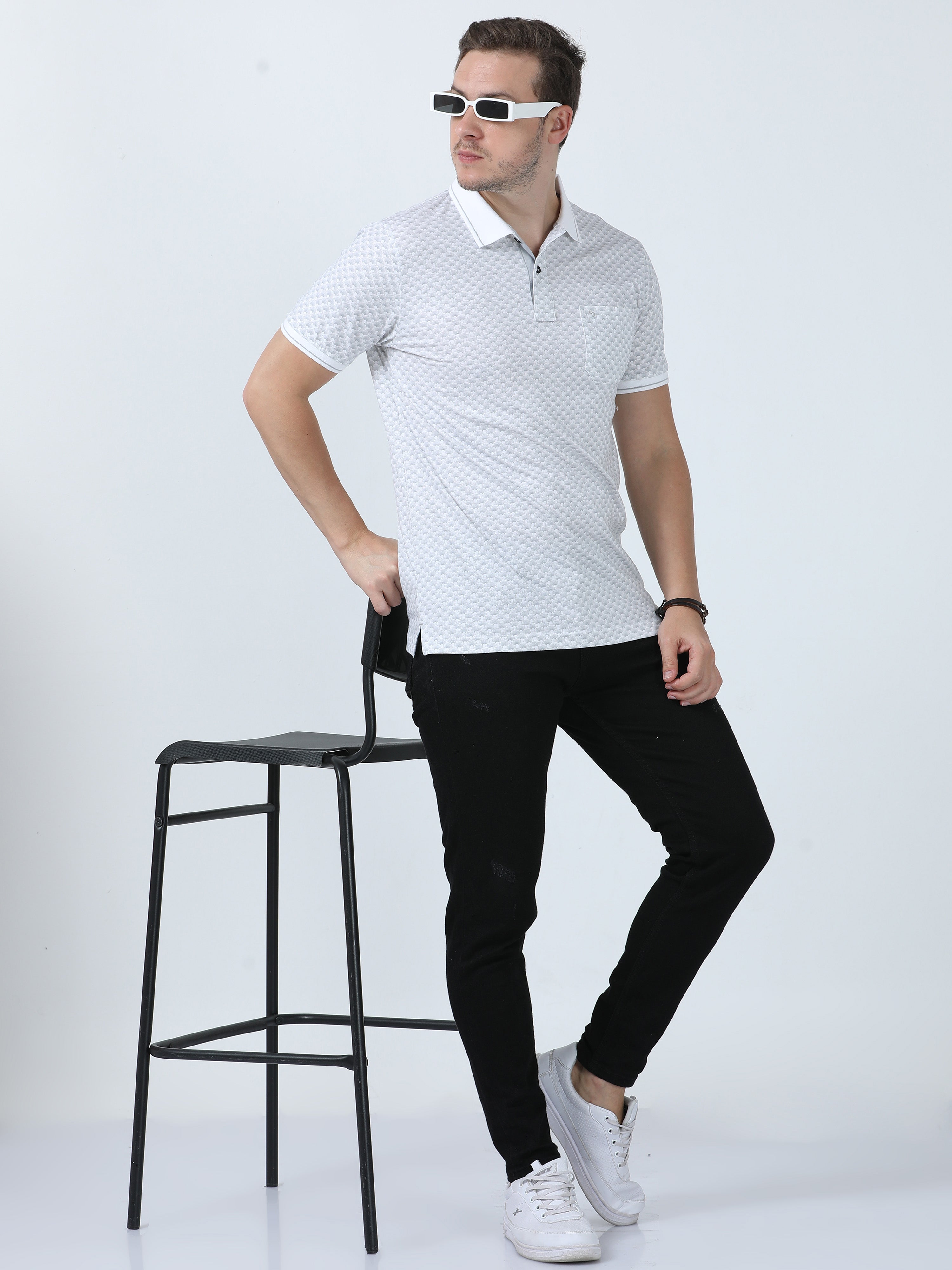 Classic Polo Men's Printed White/Grey Cotton Half Sleeve T-Shirt | BELLO - 270 B SF P