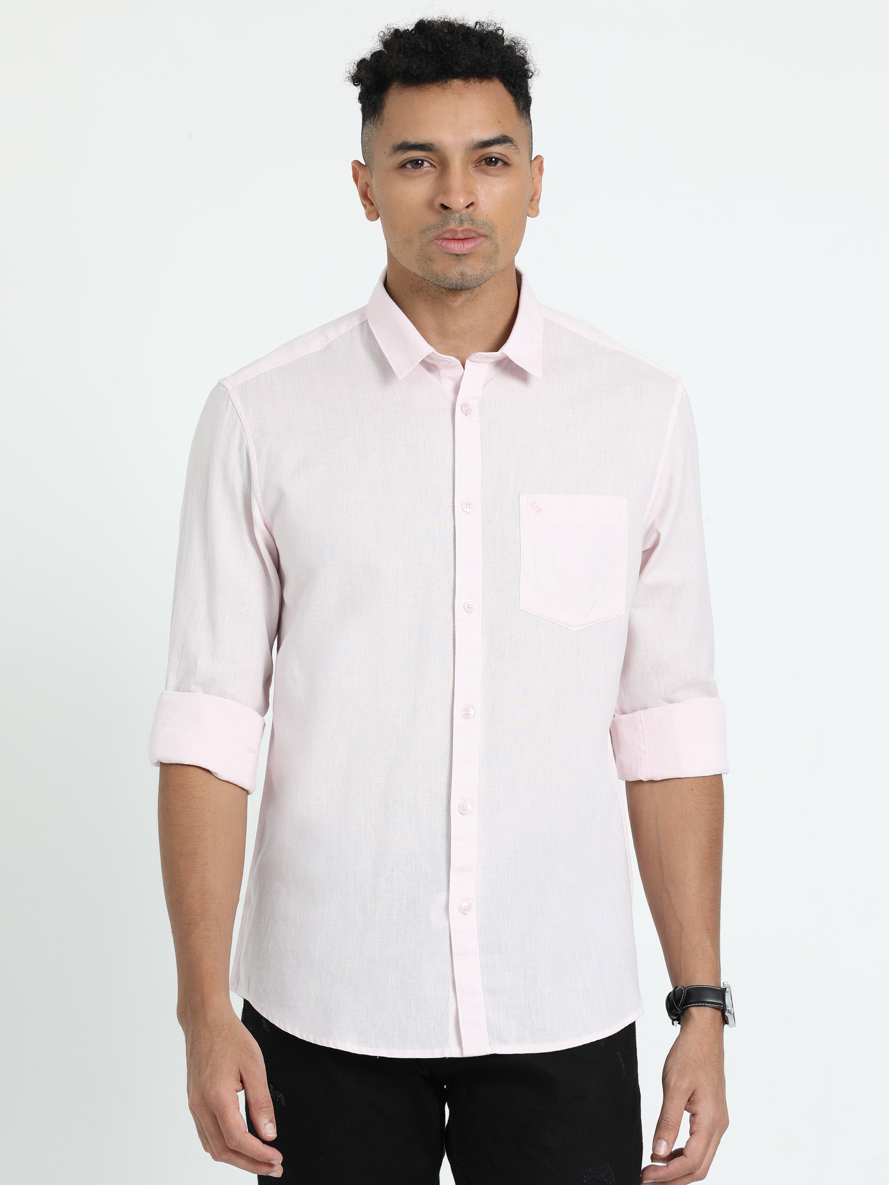 Classic Polo Men's Solid Pink Cotton Linen Full Sleeve Woven Shirt | DAMASK-PINK-SF-FS