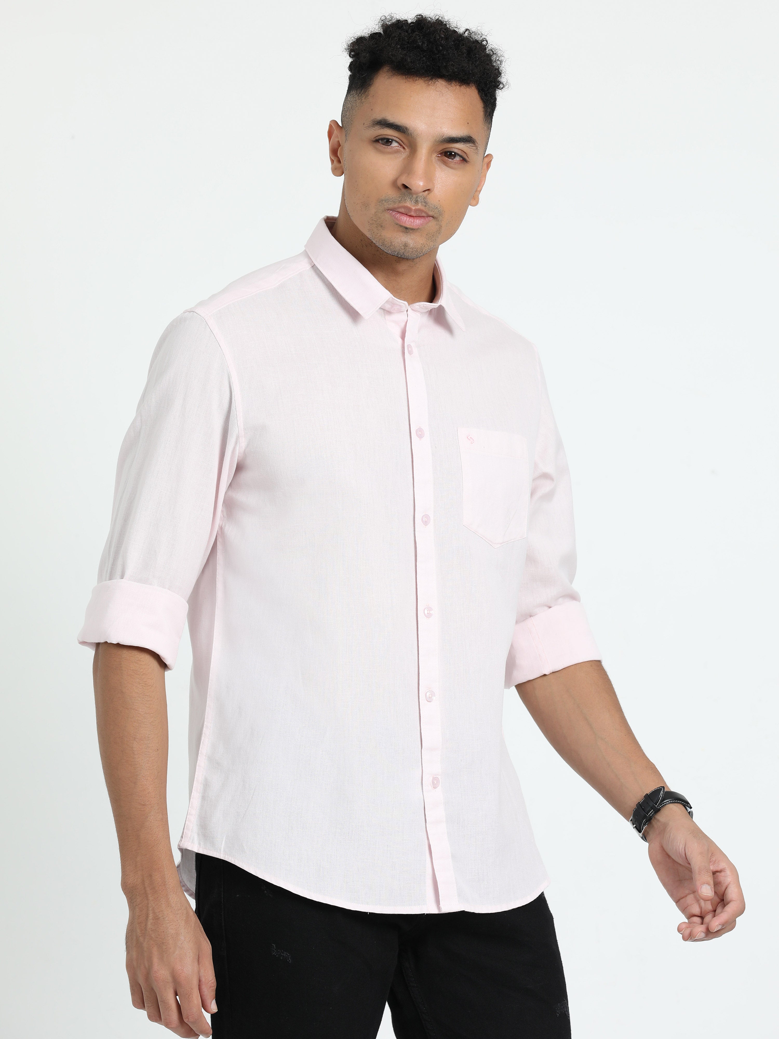 Classic Polo Men's Solid Pink Cotton Linen Full Sleeve Woven Shirt | DAMASK-PINK-SF-FS