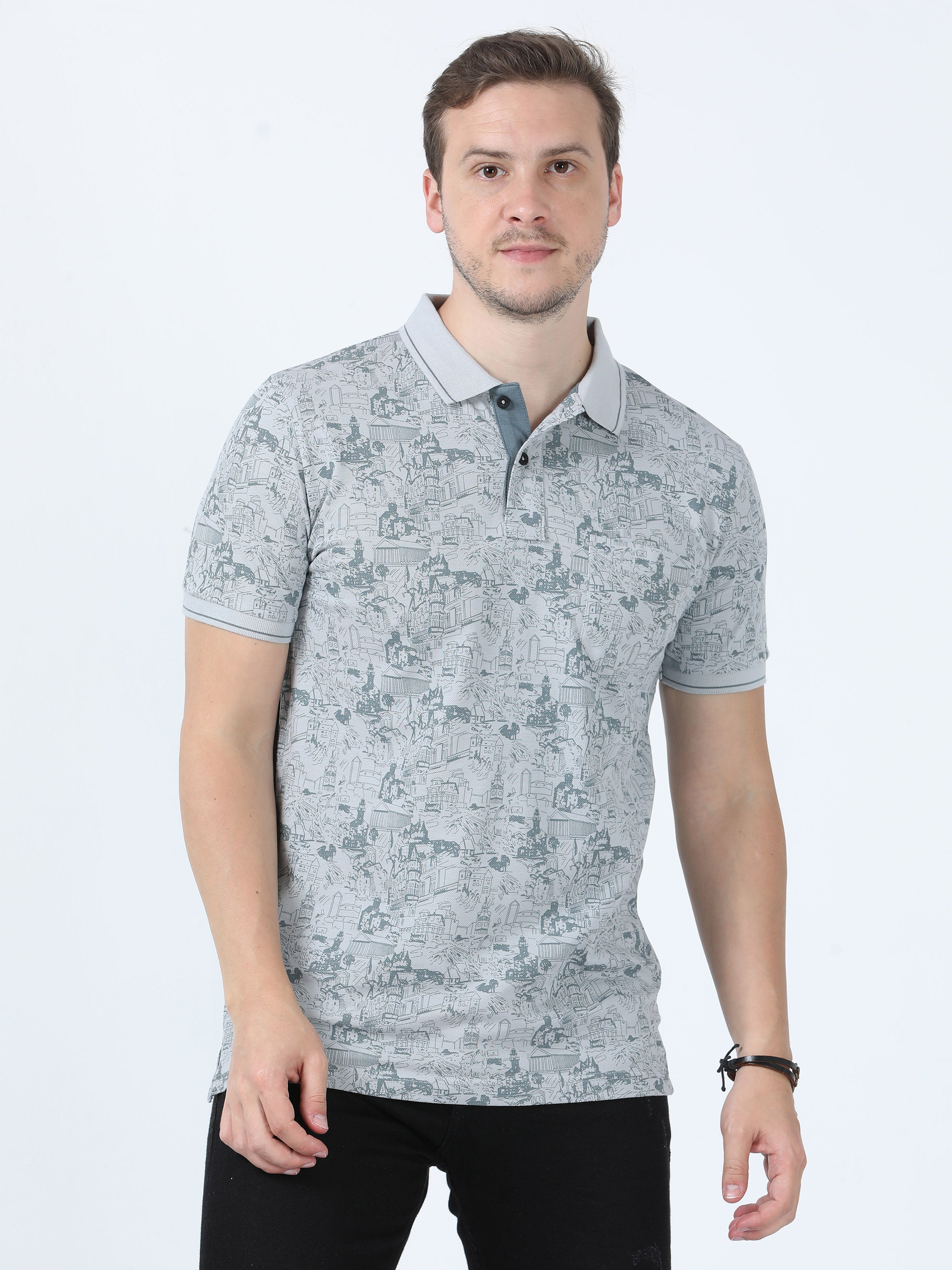 Classic Polo Men's Printed Grey Cotton Half Sleeve T-Shirt | BEAU - 246 B SF P