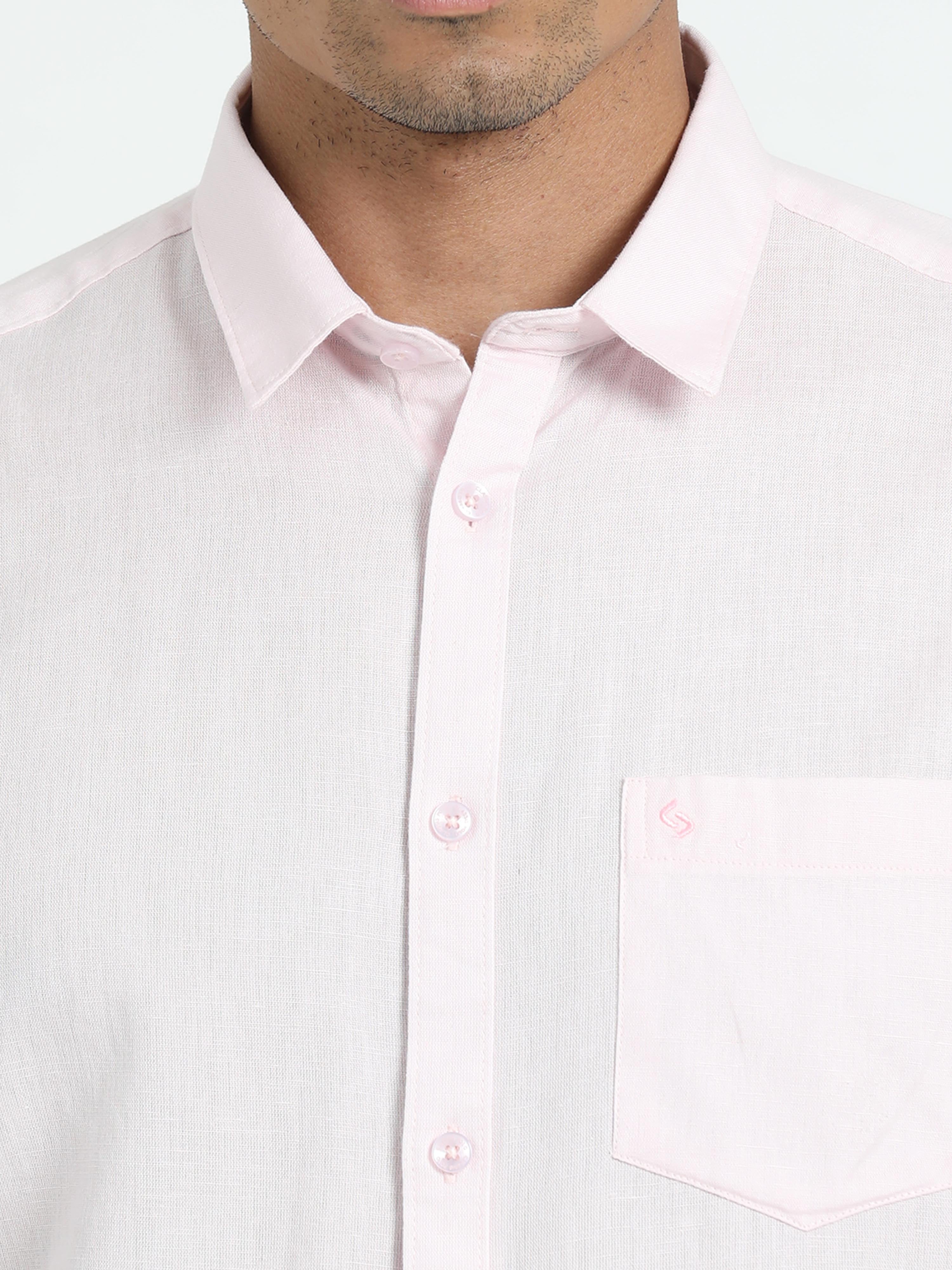 Classic Polo Men's Solid Pink Cotton Linen Full Sleeve Woven Shirt | DAMASK-PINK-SF-FS