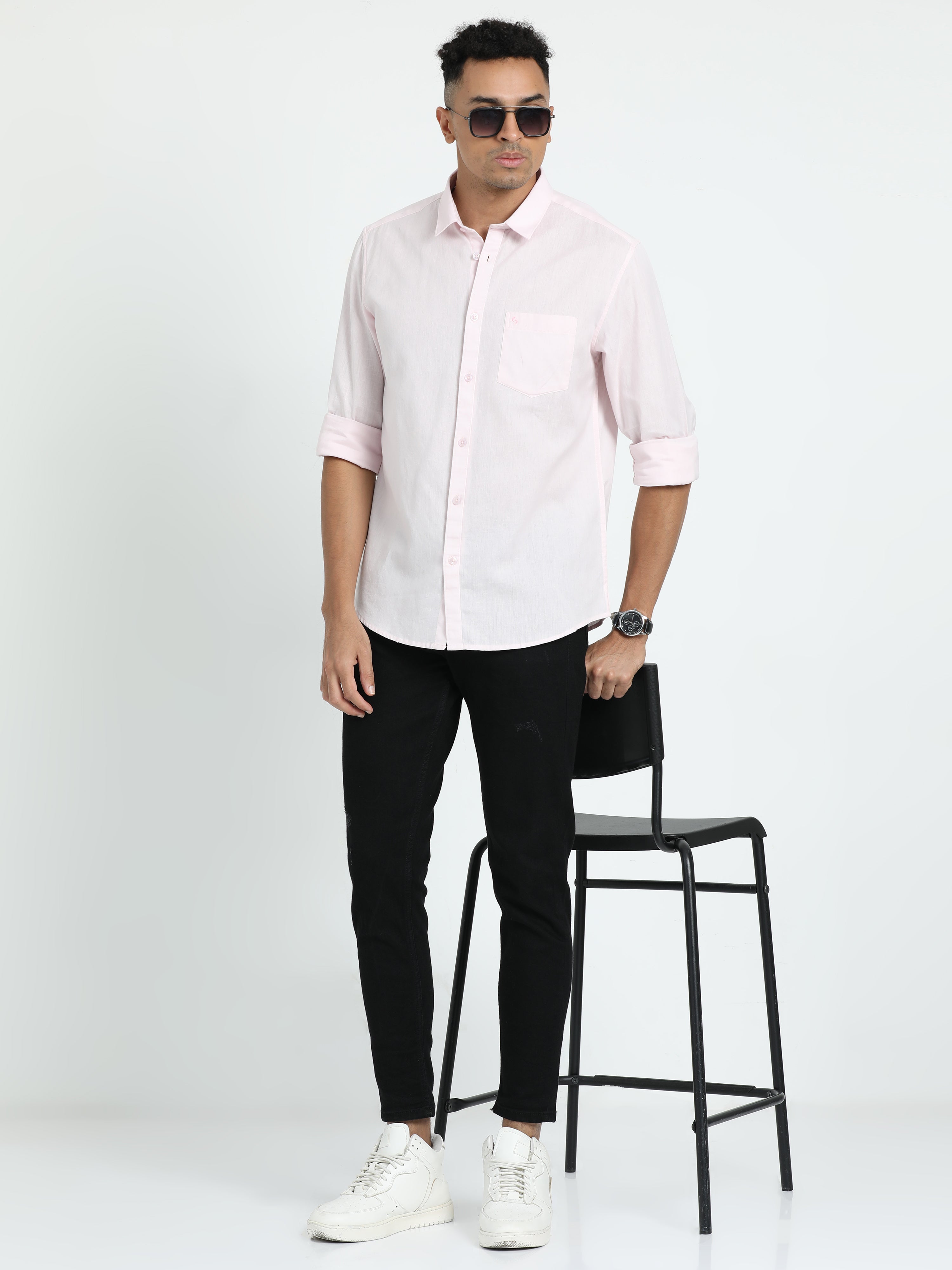 Classic Polo Men's Solid Pink Cotton Linen Full Sleeve Woven Shirt | DAMASK-PINK-SF-FS