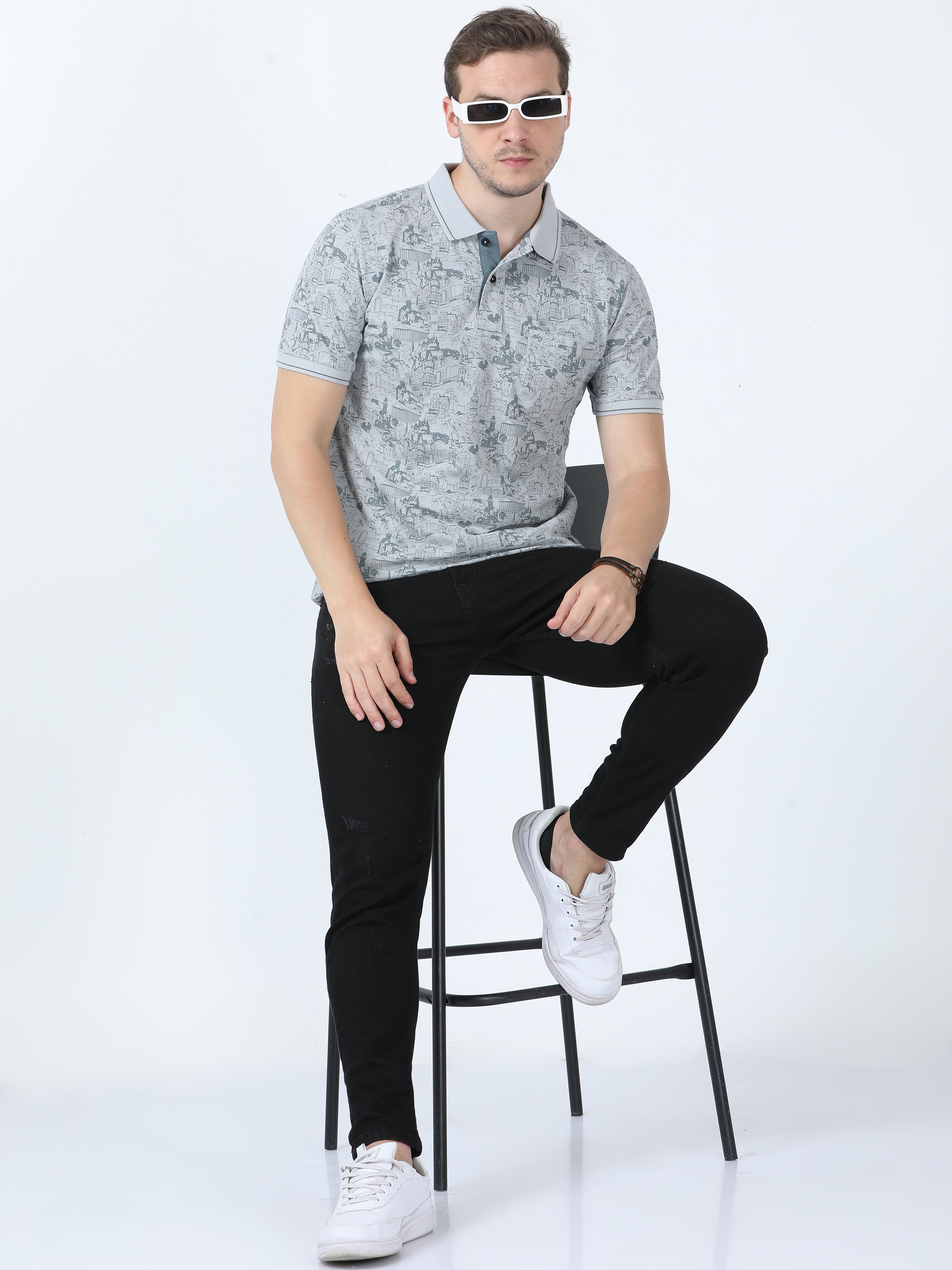 Classic Polo Men's Printed Grey Cotton Half Sleeve T-Shirt | BEAU - 246 B SF P