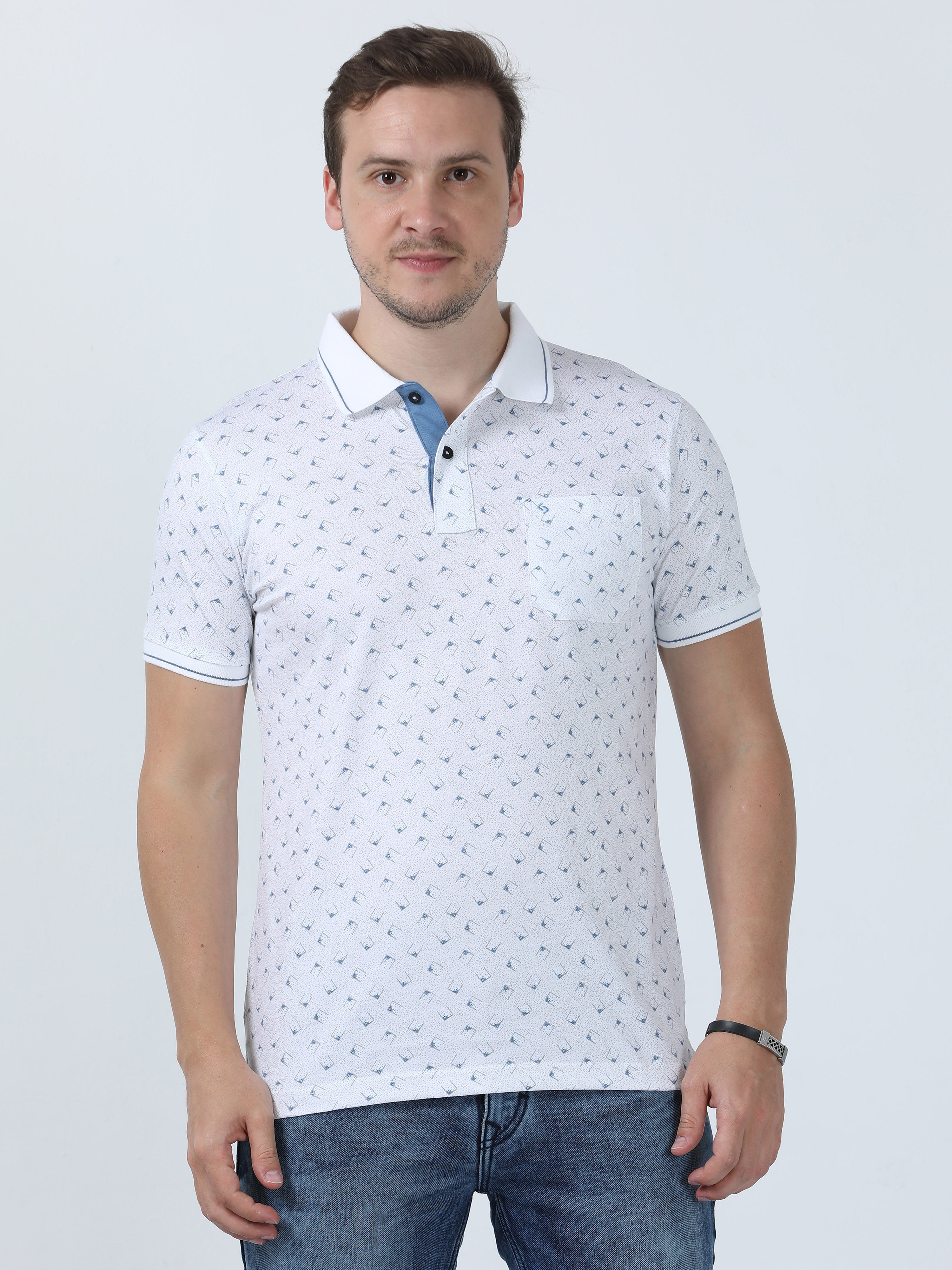 Classic Polo Men's Printed White/Blue Cotton Half Sleeve T-Shirt | BELLO - 261 A SF P