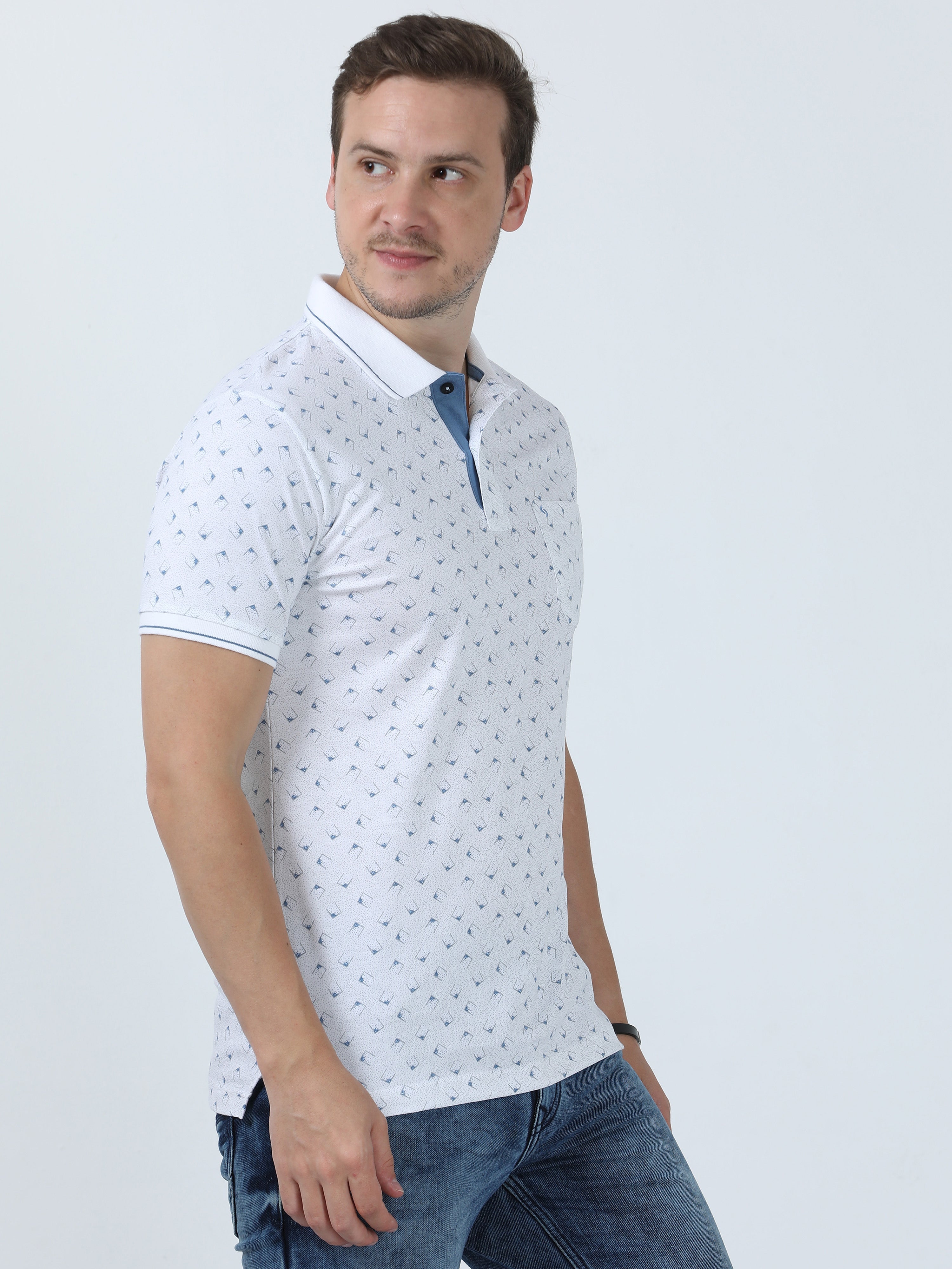 Classic Polo Men's Printed White/Blue Cotton Half Sleeve T-Shirt | BELLO - 261 A SF P