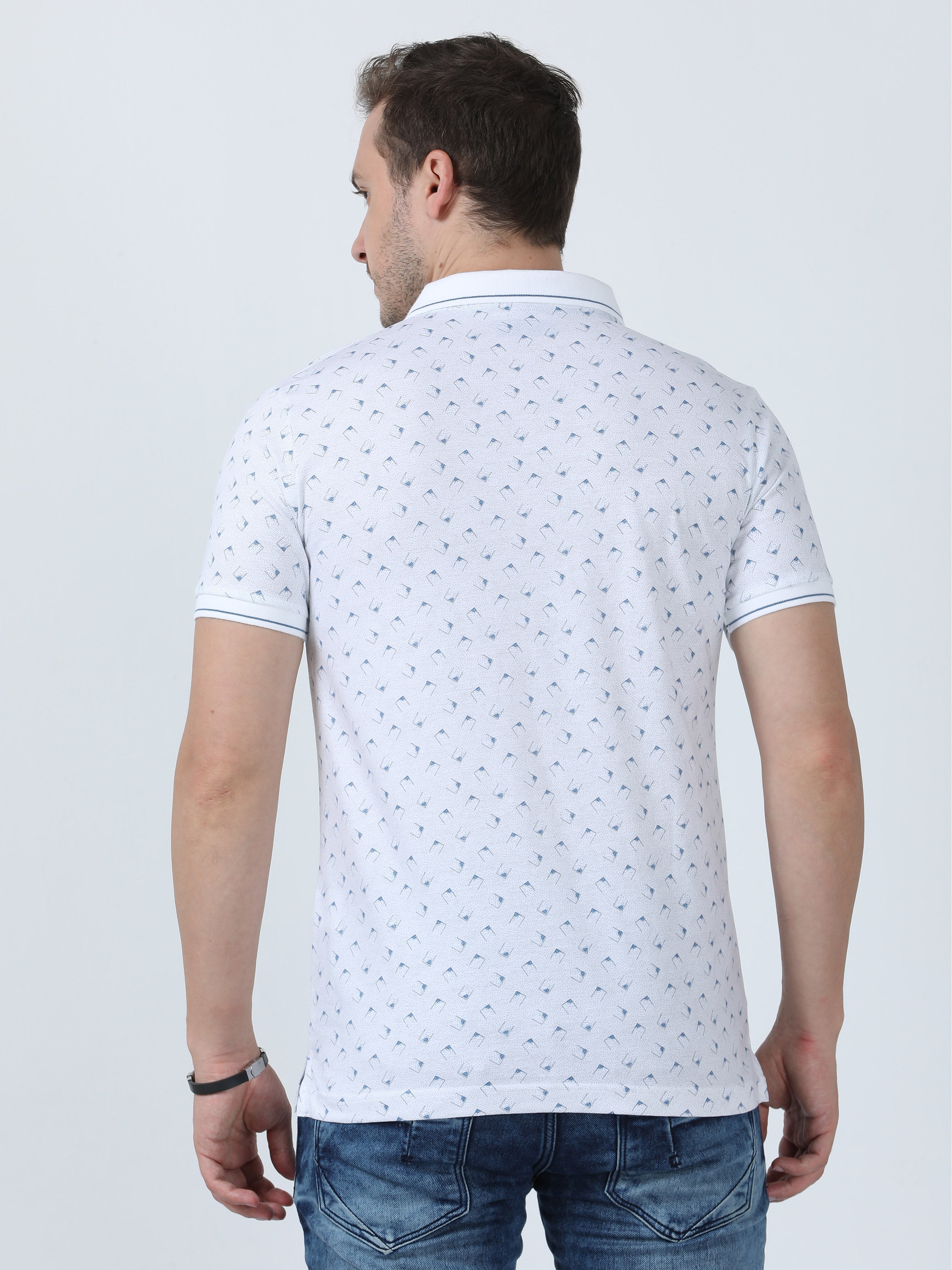 Classic Polo Men's Printed White/Blue Cotton Half Sleeve T-Shirt | BELLO - 261 A SF P