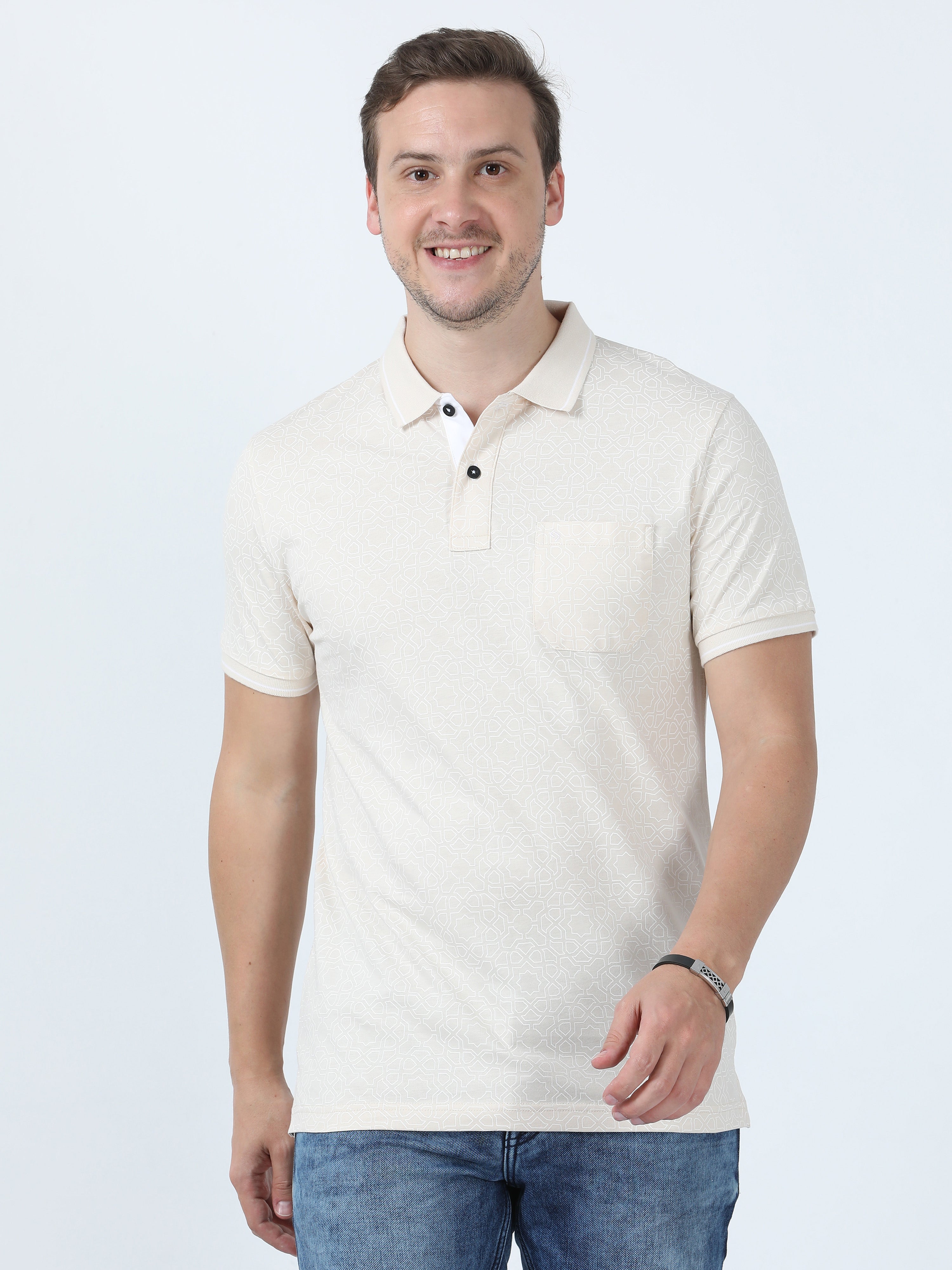 Classic Polo Men's Printed Beige Cotton Half Sleeve T-Shirt | BELLO - 266 A SF P