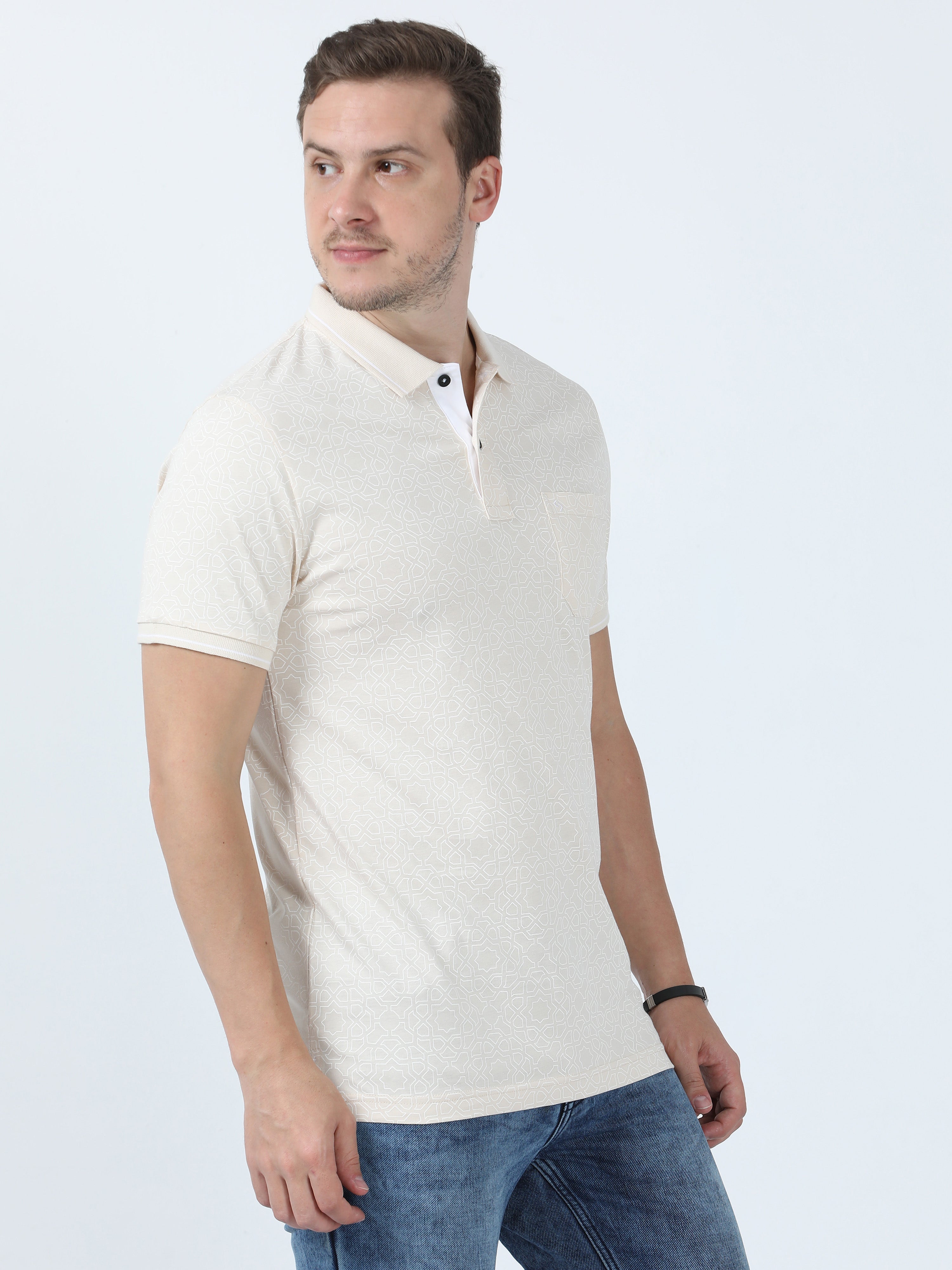 Classic Polo Men's Printed Beige Cotton Half Sleeve T-Shirt | BELLO - 266 A SF P