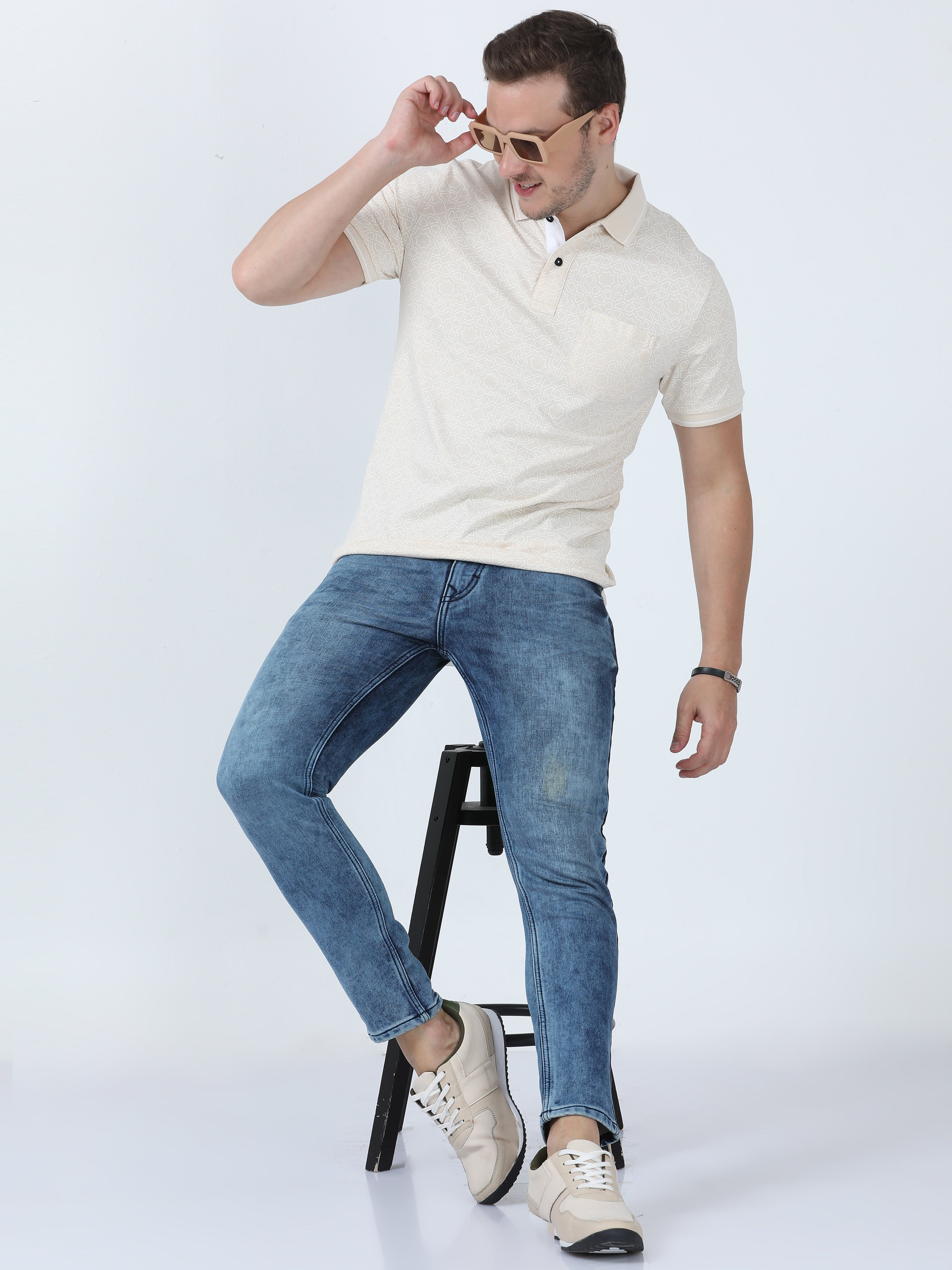 Classic Polo Men's Printed Beige Cotton Half Sleeve T-Shirt | BELLO - 266 A SF P