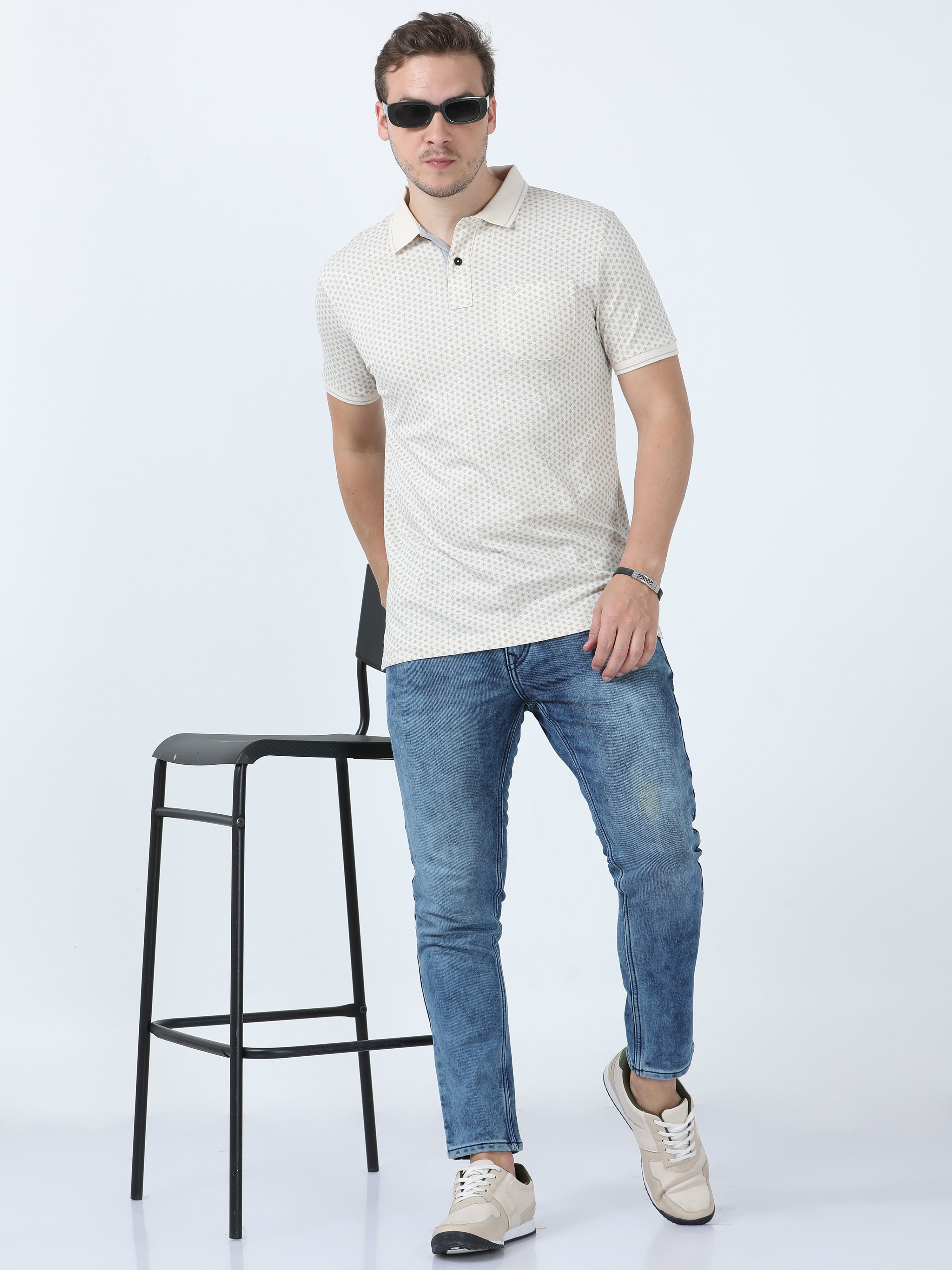 Classic Polo Men's Printed Beige Cotton Half Sleeve T-Shirt | BELLO - 268 B SF P
