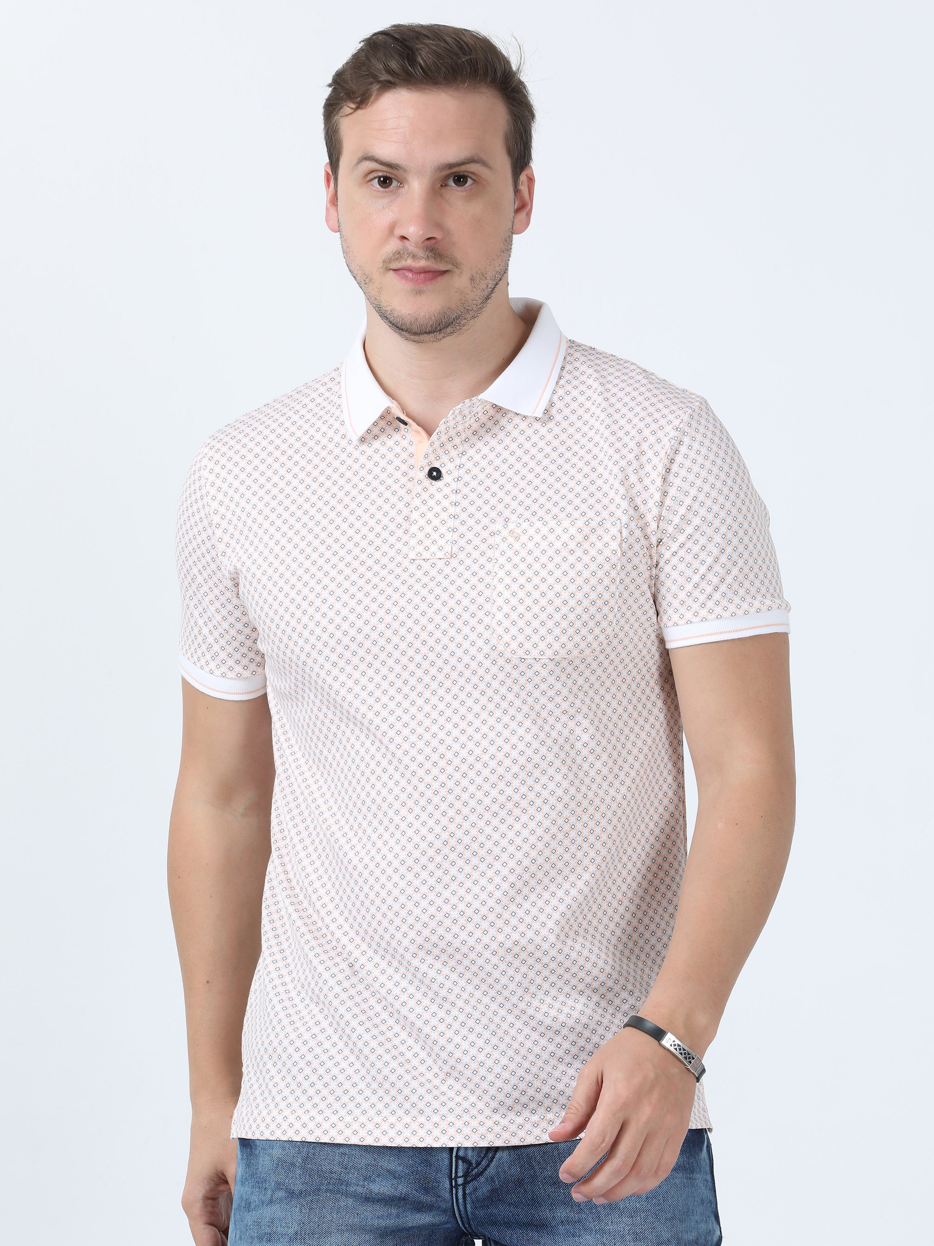 Classic Polo Men's Printed White/Peach Cotton Half Sleeve T-Shirt | BELLO - 267 A SF P