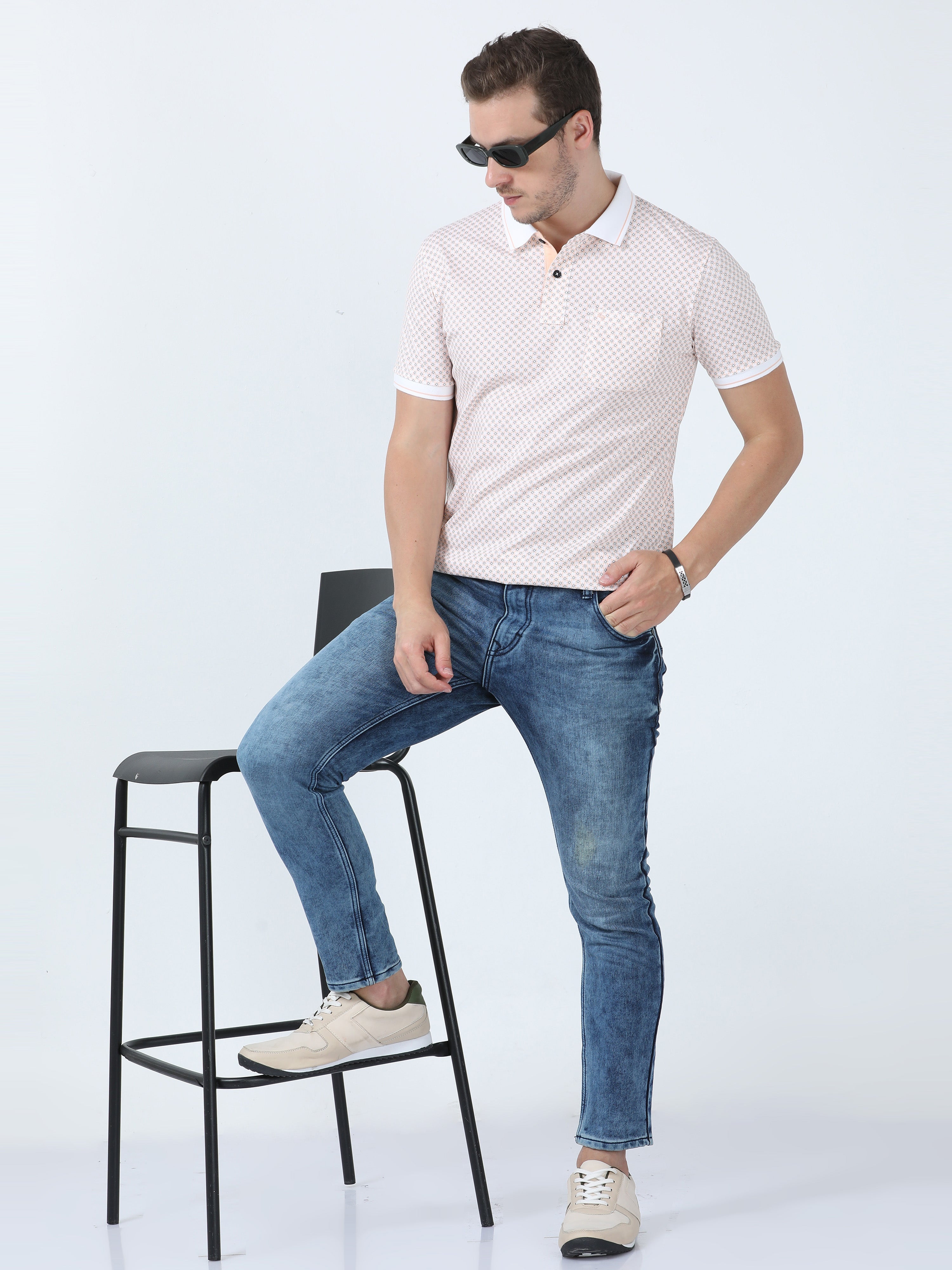 Classic Polo Men's Printed White/Peach Cotton Half Sleeve T-Shirt | BELLO - 267 A SF P