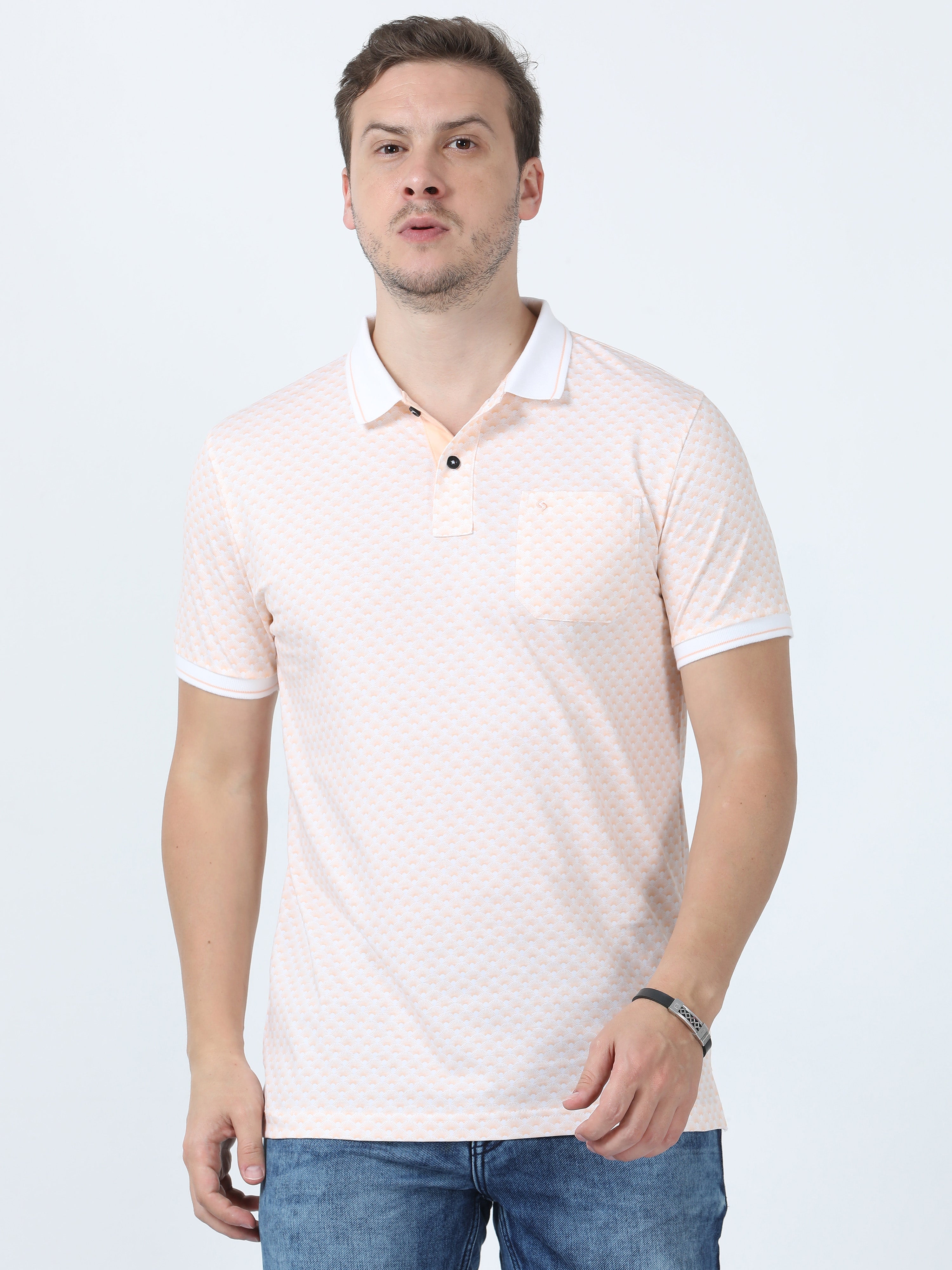 Classic Polo Men's Printed White/Orange Cotton Half Sleeve T-Shirt | BELLO - 270 A SF P