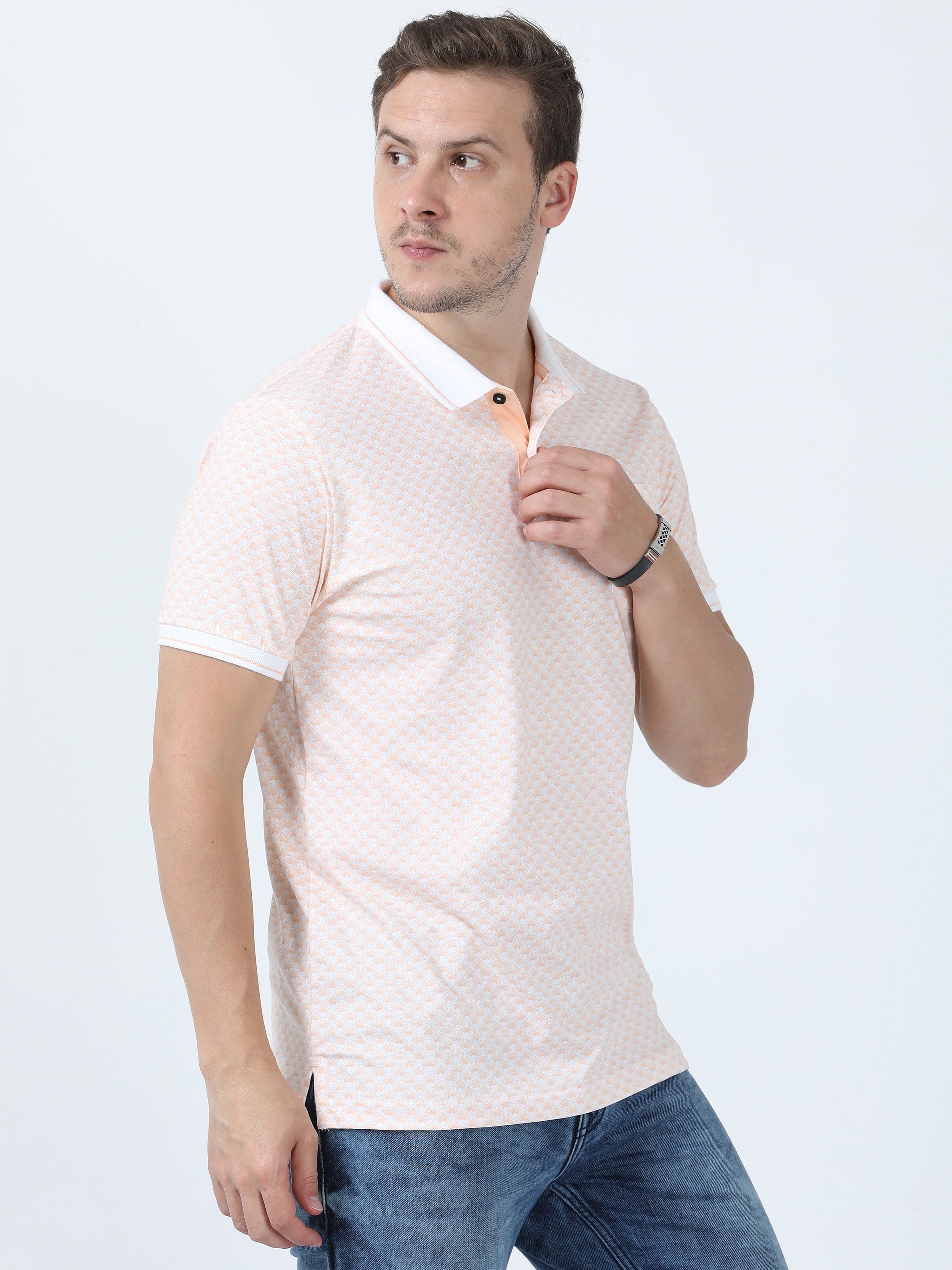 Classic Polo Men's Printed White/Orange Cotton Half Sleeve T-Shirt | BELLO - 270 A SF P