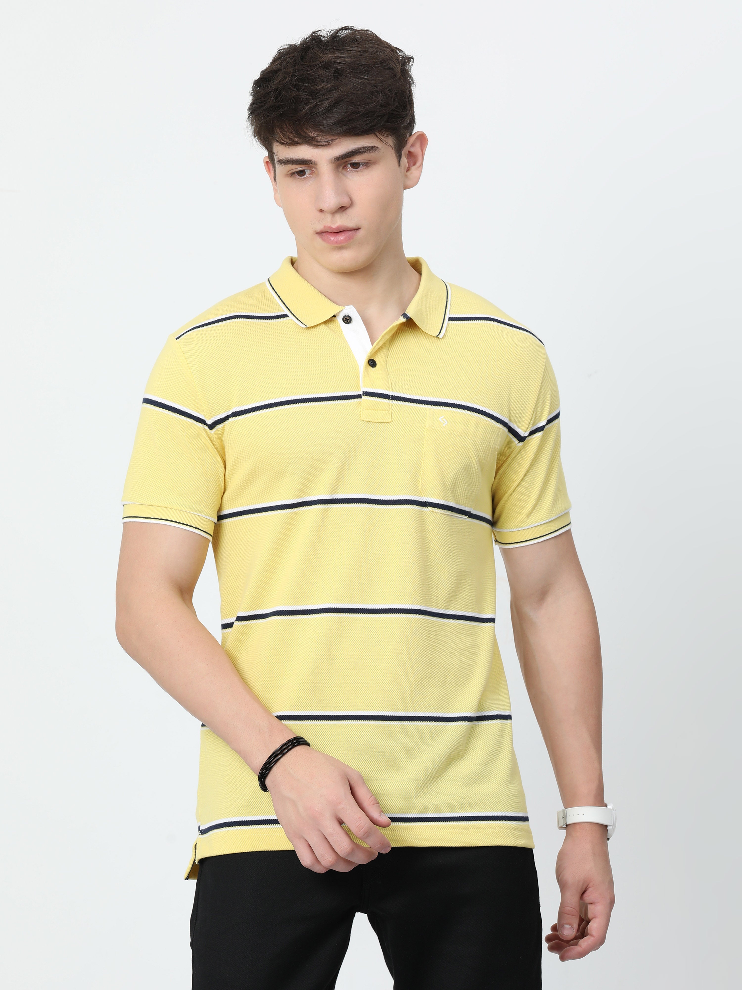 Classic Polo Mens Casual Yellow Striped Cotton T-Shirt | F-ADORE - 106 A SF P
