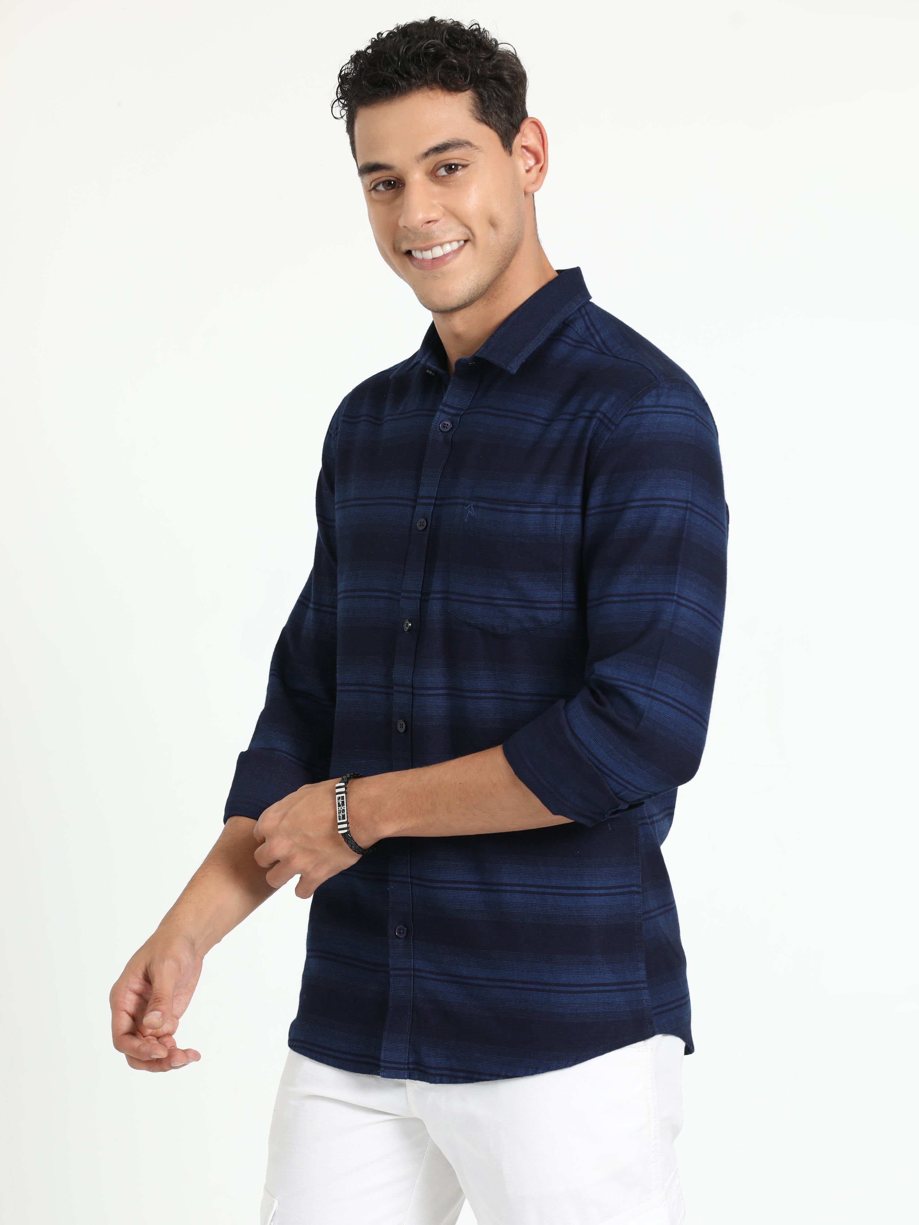 Cp Bro Men's Striped Navy Cotton Full Sleeve Woven Shirt | SBO2-36 A-FS-STR-BSL