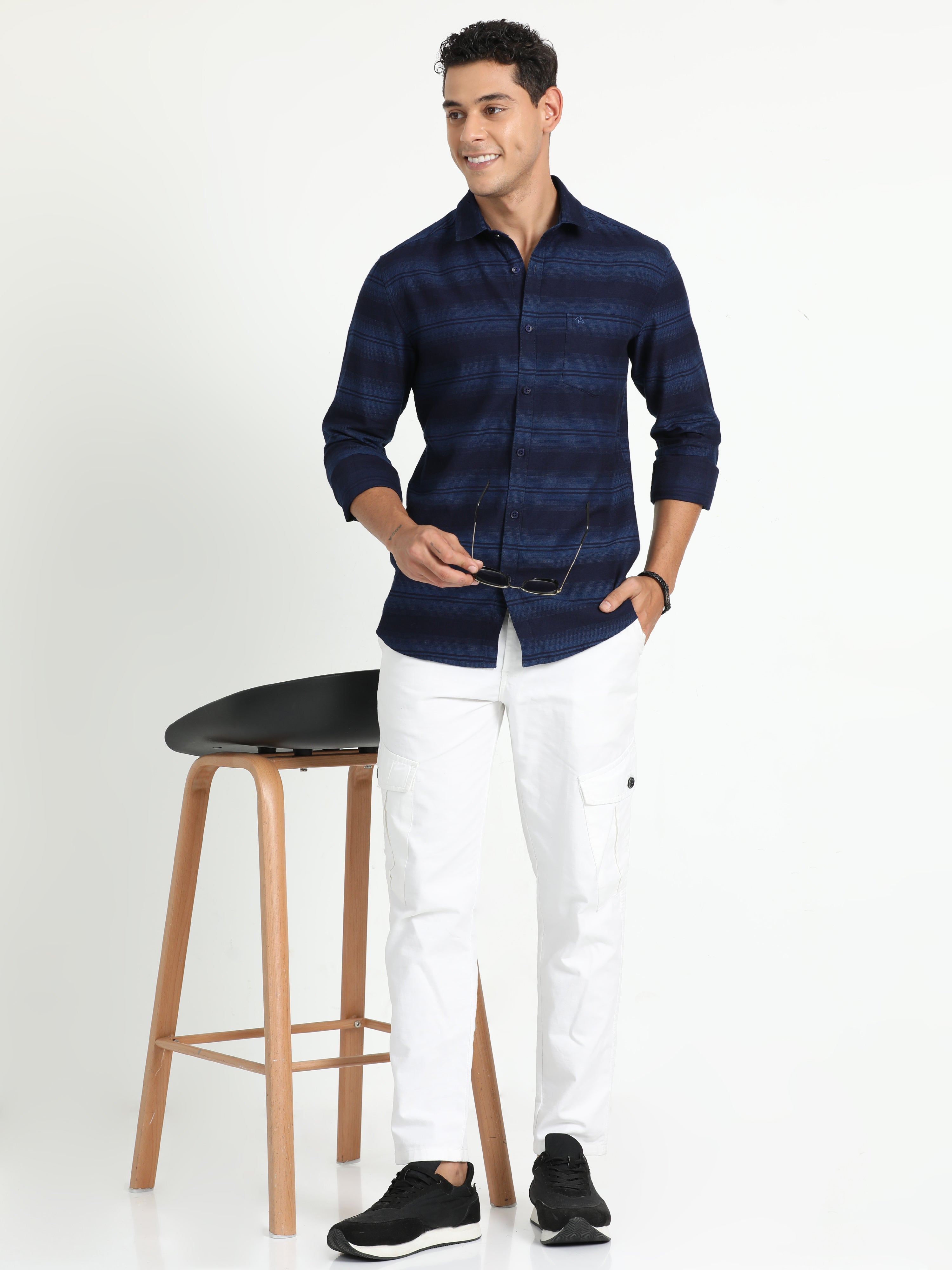 Cp Bro Men's Striped Navy Cotton Full Sleeve Woven Shirt | SBO2-36 A-FS-STR-BSL