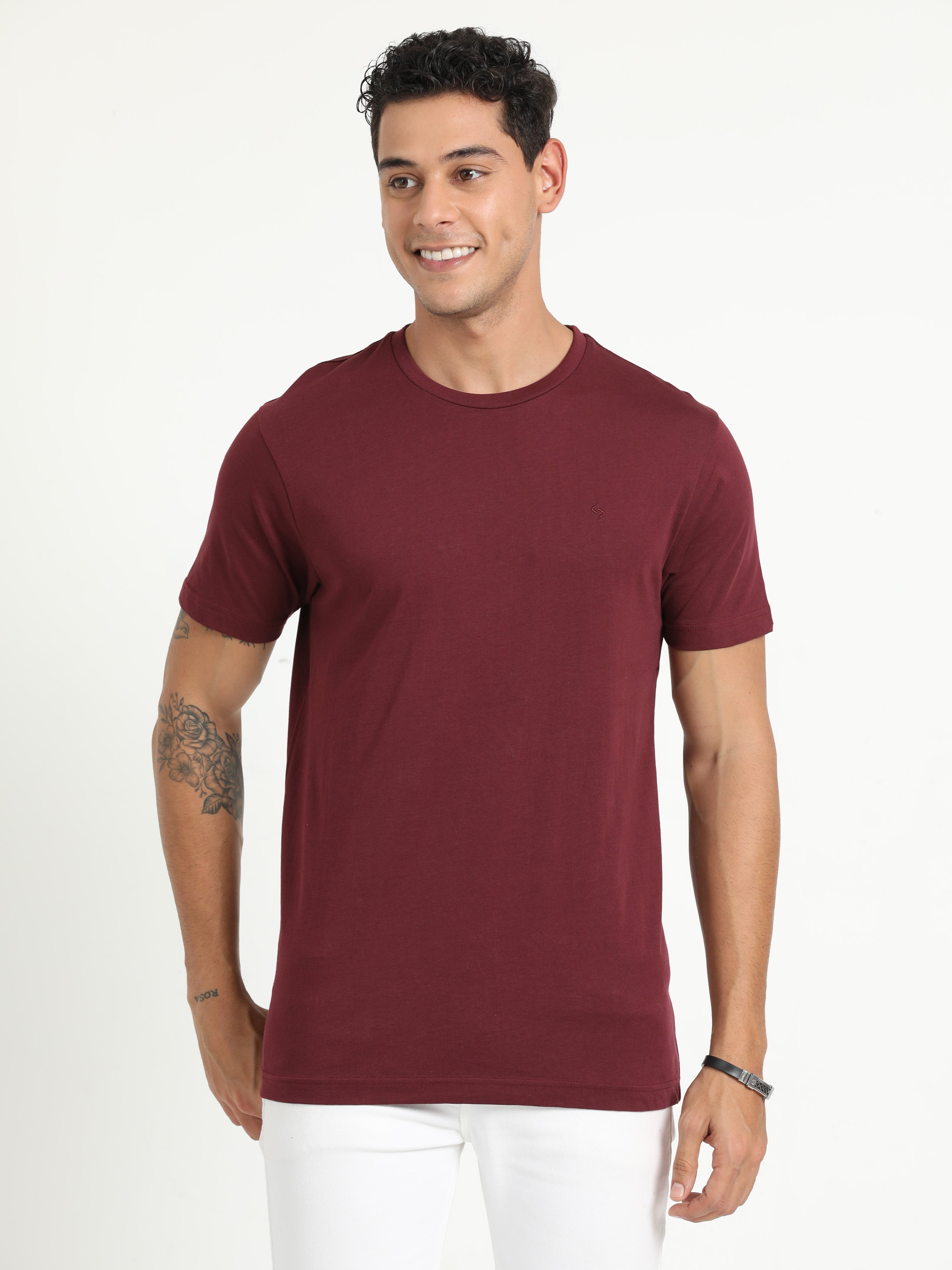 Classic Polo Men's Solid Maroon Cotton Half Sleeve T-Shirt | TOY-ARDOR SYRAH SF C