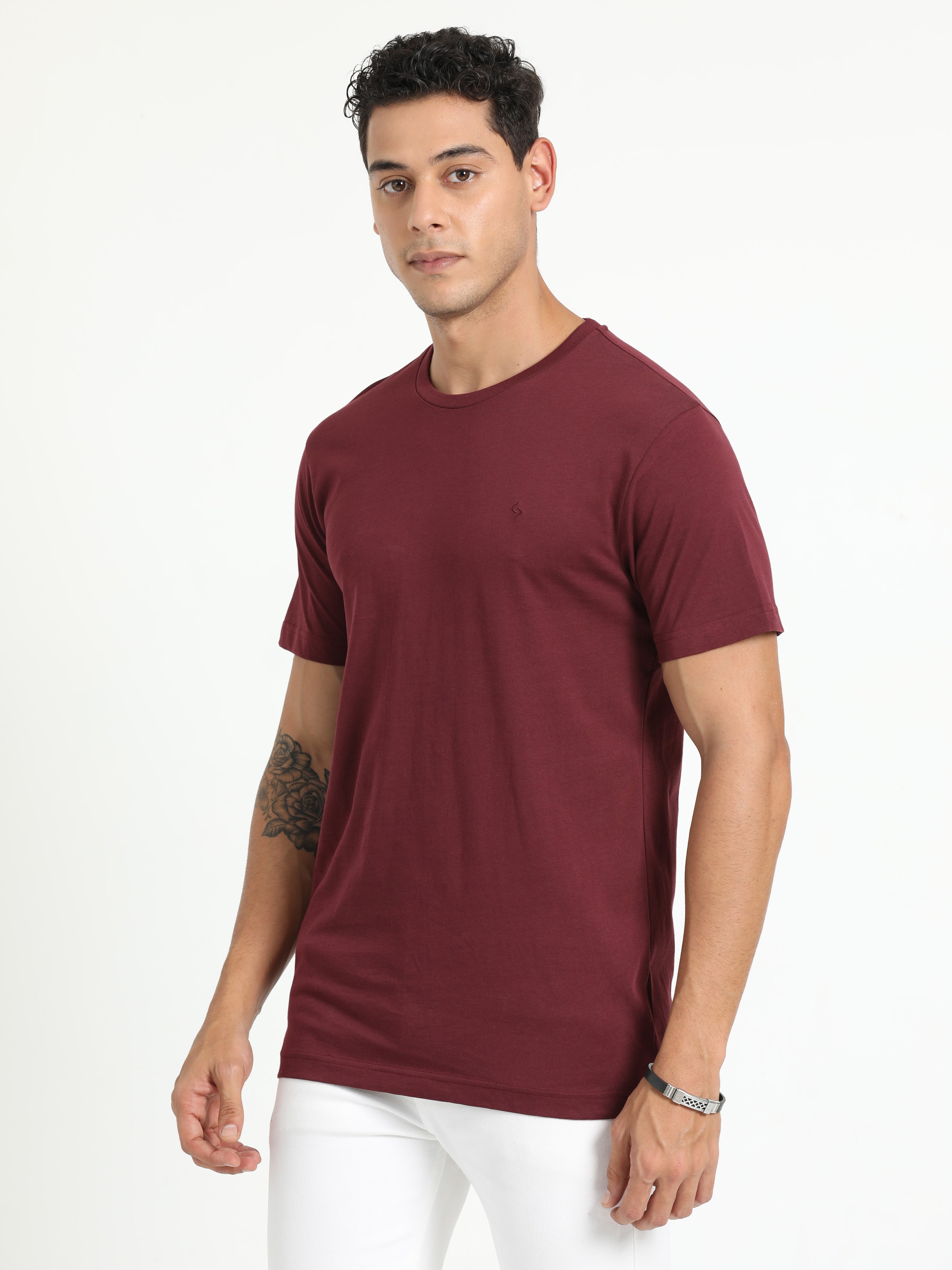 Classic Polo Men's Solid Maroon Cotton Half Sleeve T-Shirt | TOY-ARDOR SYRAH SF C