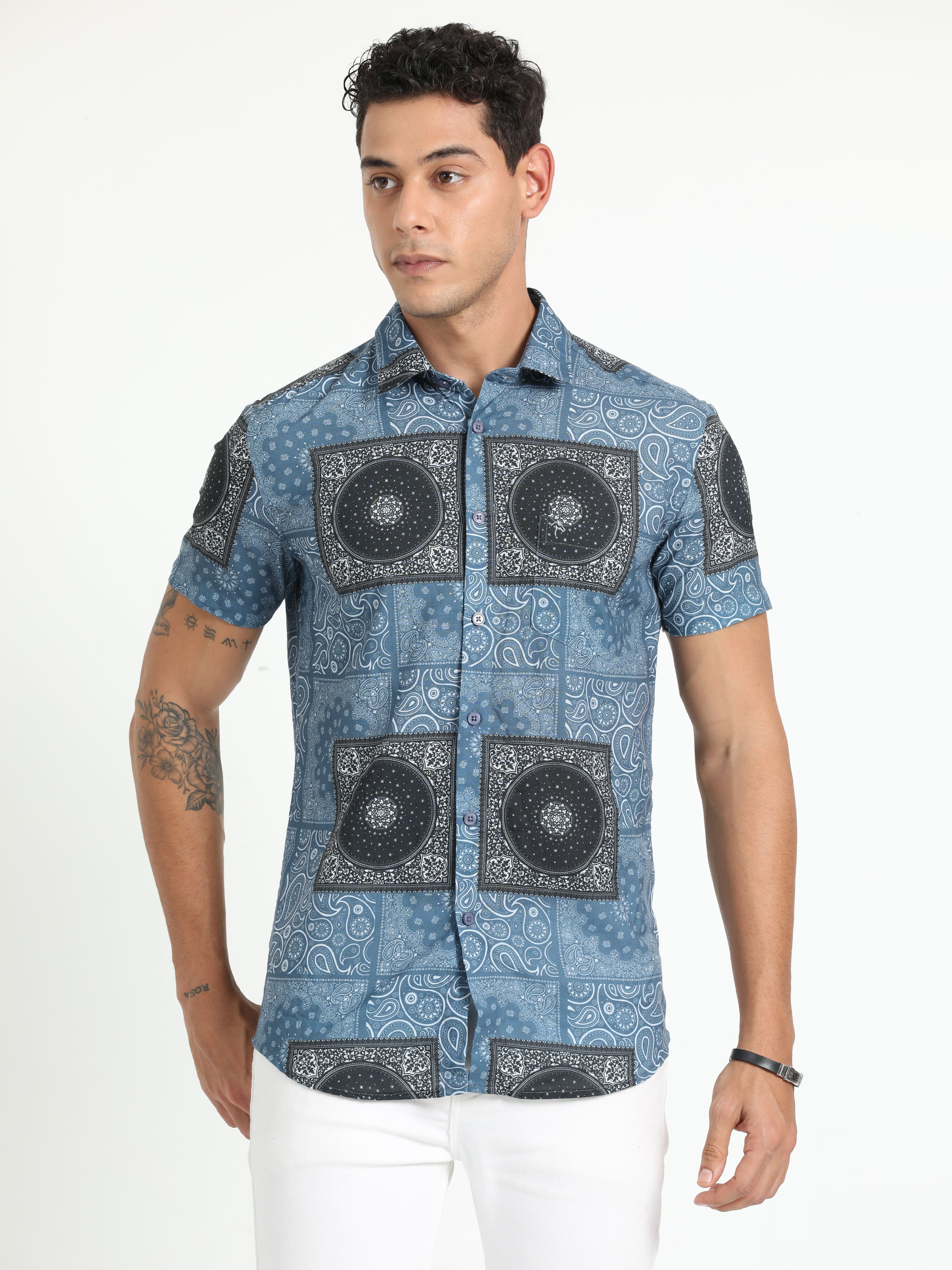 Cp Bro Men's Printed Blue Cotton Half Sleeve Woven Shirt | SBO2-68 B-HS-PRT-BSL