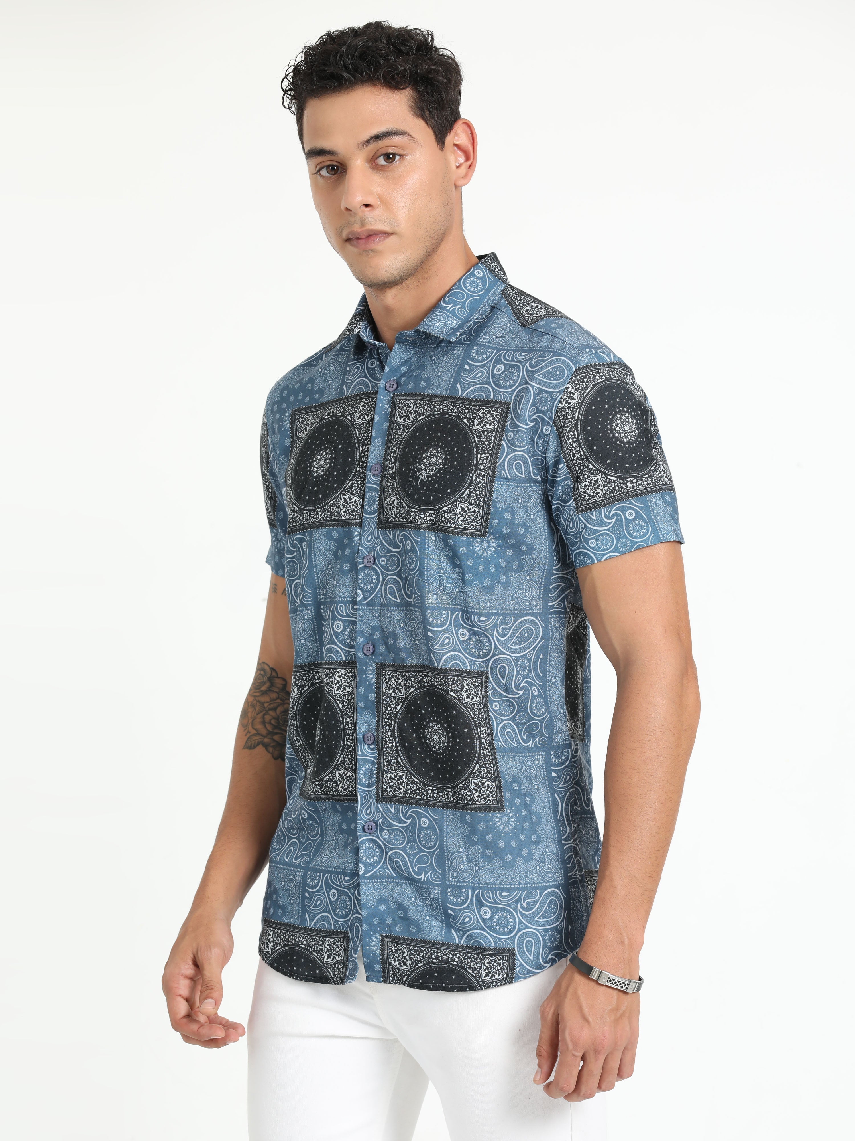 Cp Bro Men's Printed Blue Cotton Half Sleeve Woven Shirt | SBO2-68 B-HS-PRT-BSL