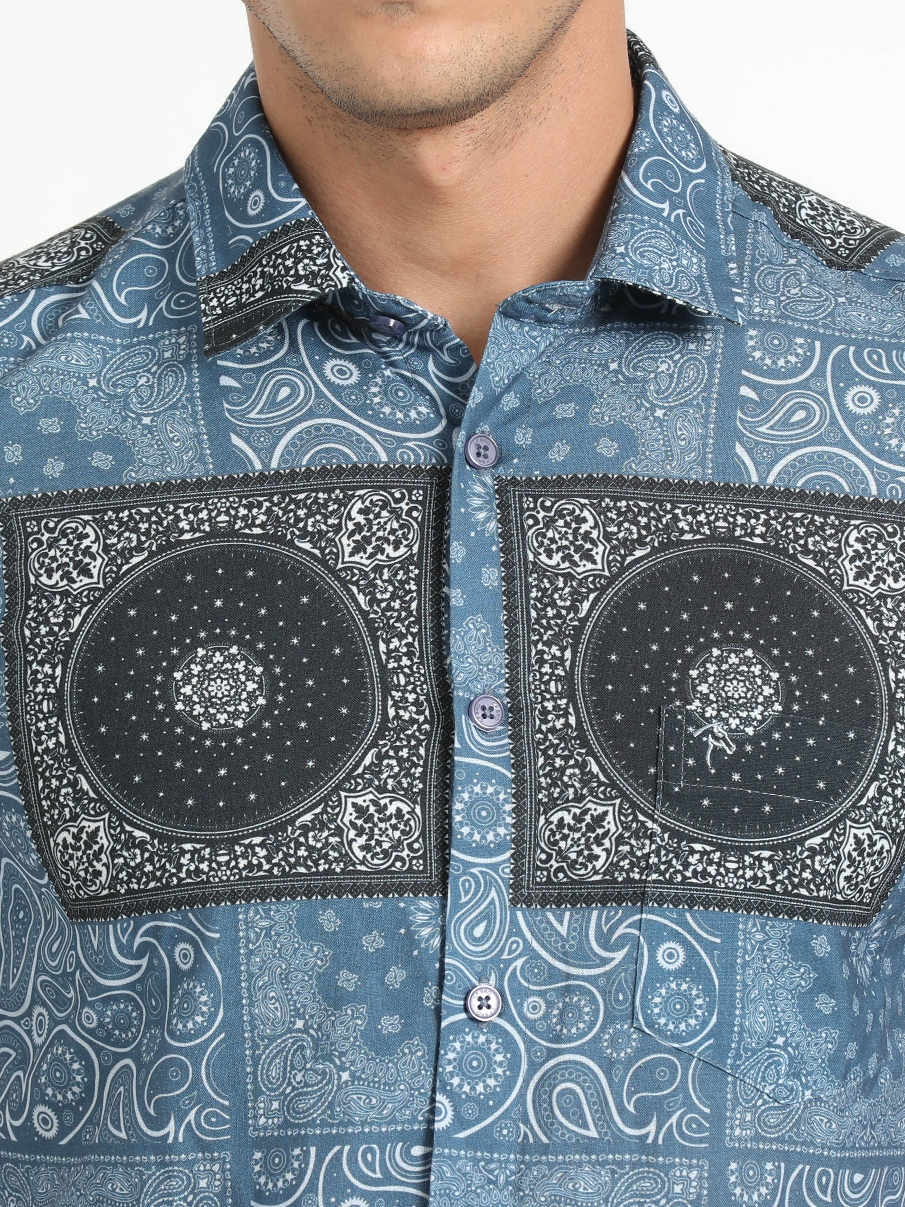 Cp Bro Men's Printed Blue Cotton Half Sleeve Woven Shirt | SBO2-68 B-HS-PRT-BSL