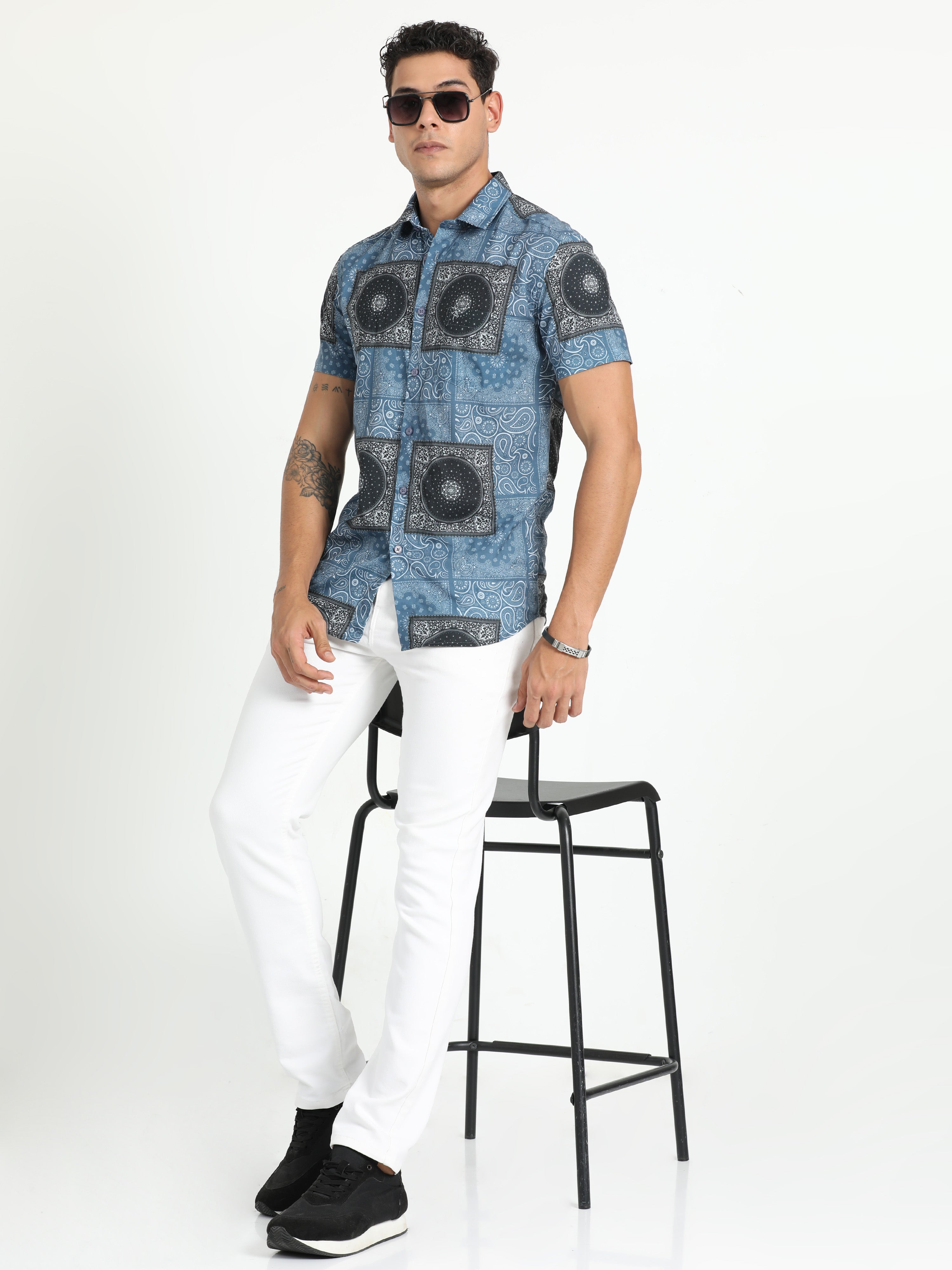 Cp Bro Men's Printed Blue Cotton Half Sleeve Woven Shirt | SBO2-68 B-HS-PRT-BSL