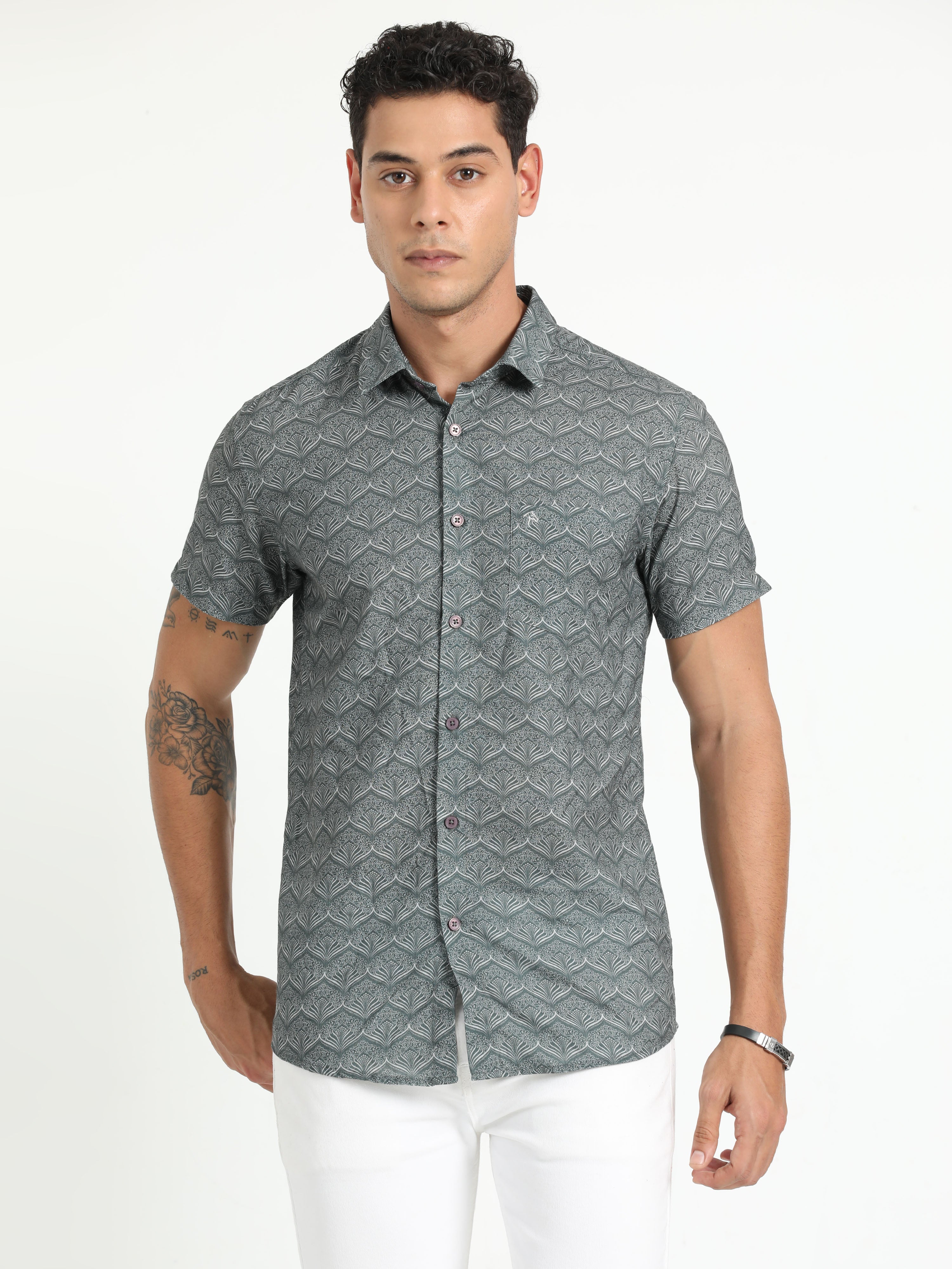 Cp Bro Men's Printed Grey Cotton Half Sleeve Woven Shirt | SBO2-70 A-HS-PRT-BSL