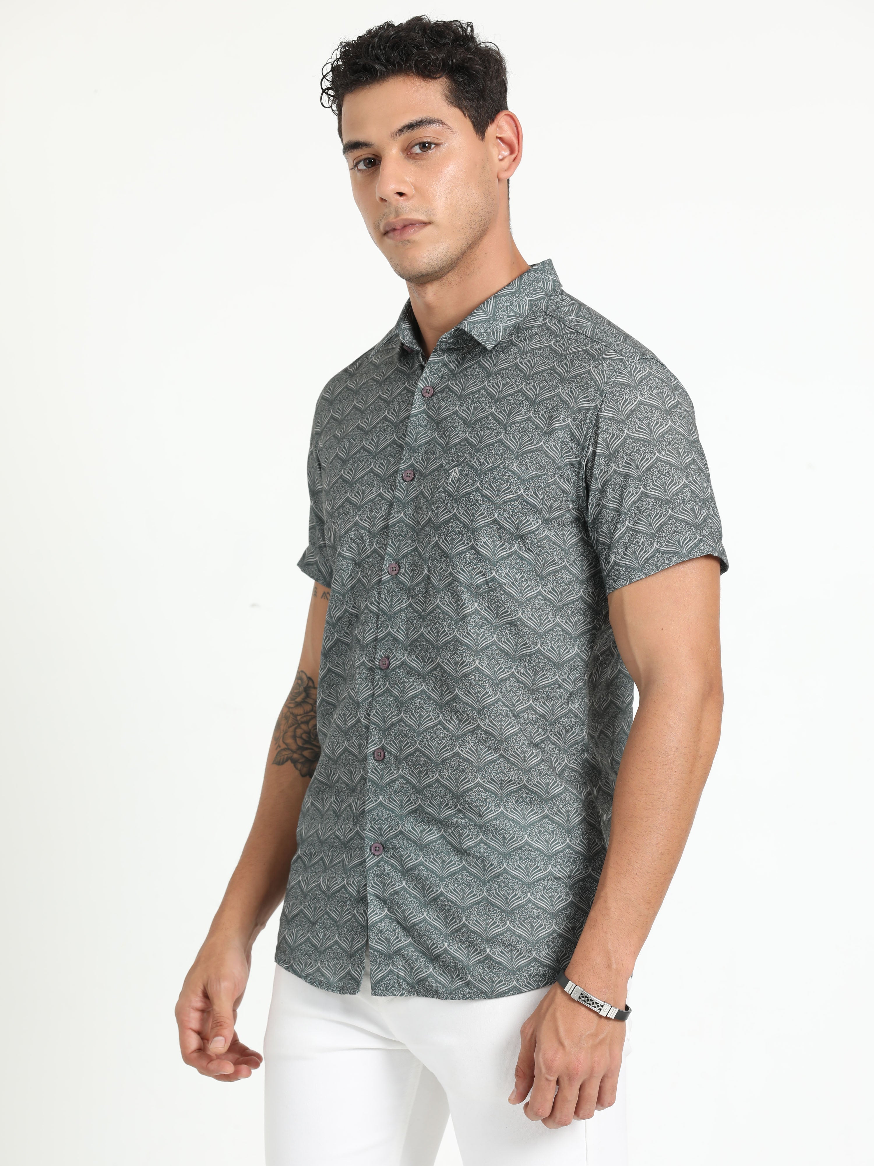 Cp Bro Men's Printed Grey Cotton Half Sleeve Woven Shirt | SBO2-70 A-HS-PRT-BSL