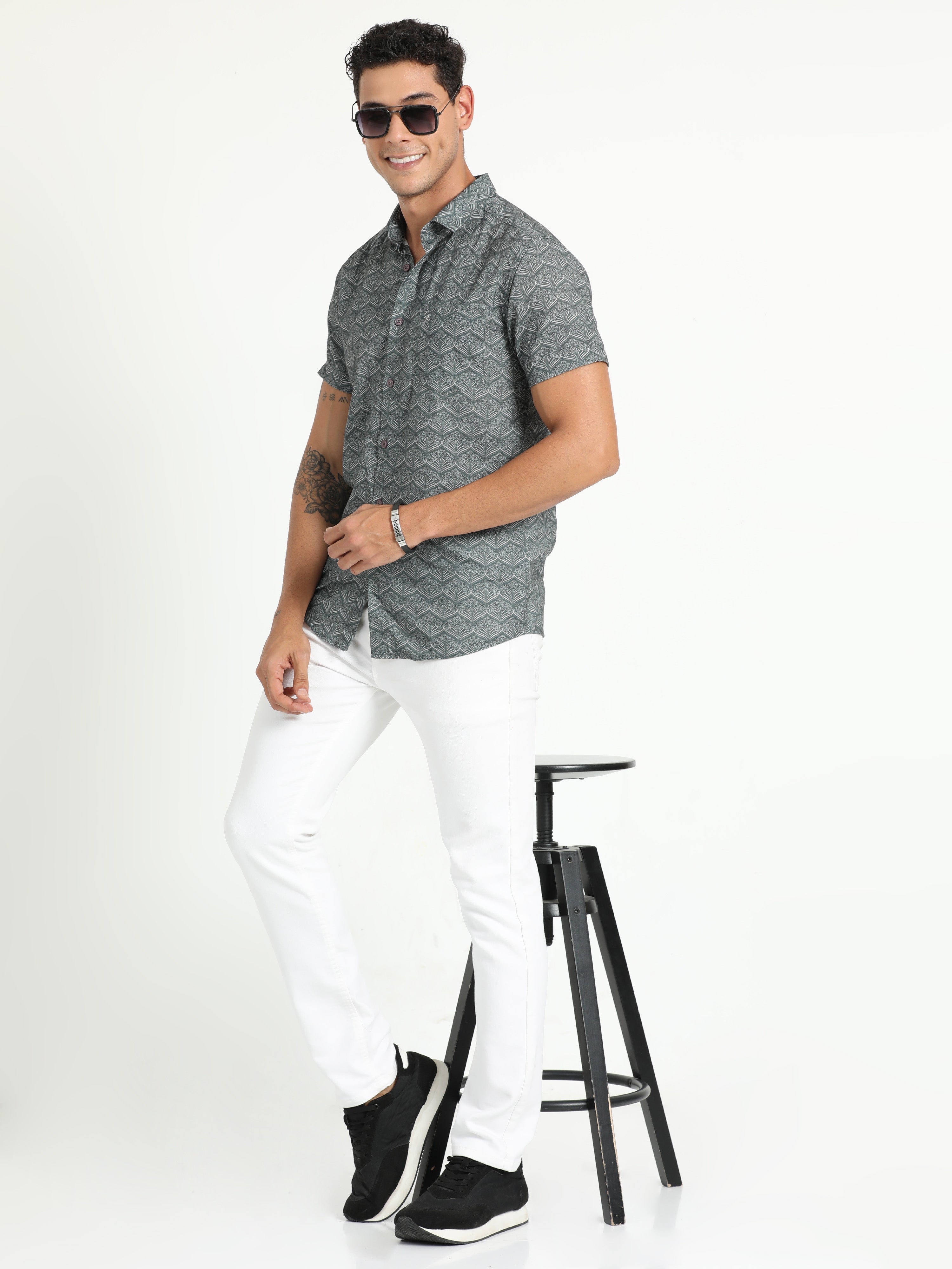 Cp Bro Men's Printed Grey Cotton Half Sleeve Woven Shirt | SBO2-70 A-HS-PRT-BSL